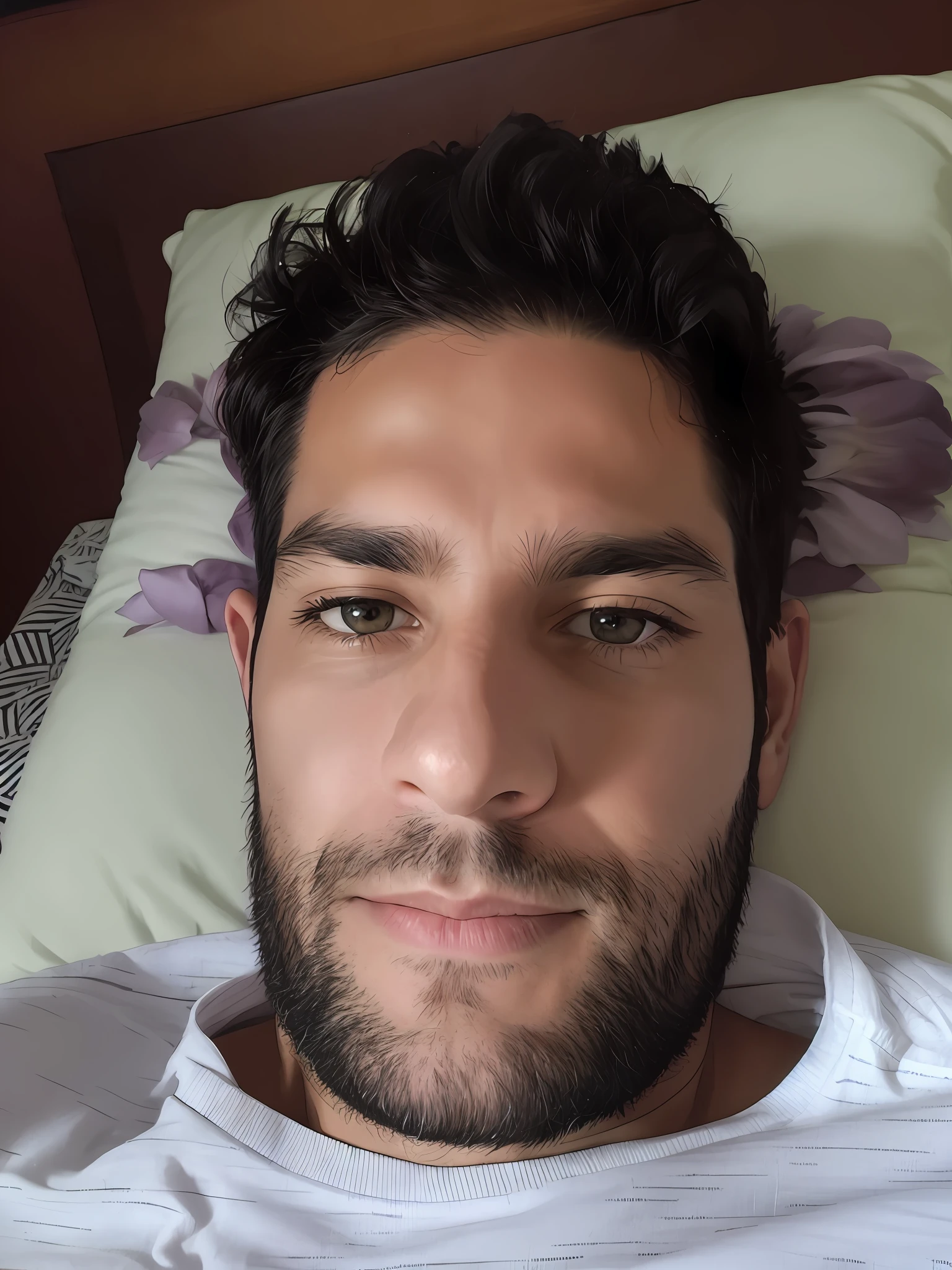 arafed man laying in bed with a white shirt and a flowered pillow, 4 0 years old man, (38 years old), 3 2 years old, selfie of a man, 38 years old, 3 2 - year - old man, 2 9 years old, 30 year old man, 3 6 years old, 2 8 years old