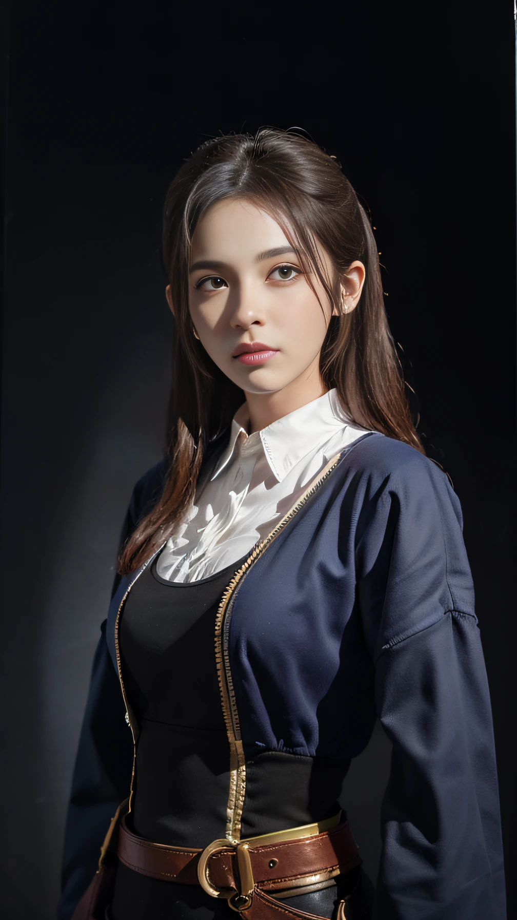 Hyperrealist portrait of female by david hockney and alphonse mucha,fantasy art, photo realistic, dynamic lighting, artstation, poster, volumetric lighting, very detailed faces, 4 k, award winning,, 1girl, in the dark, deep shadow, low key,cowboy shot,(official clothing:1.4) ,long hair,white hair,