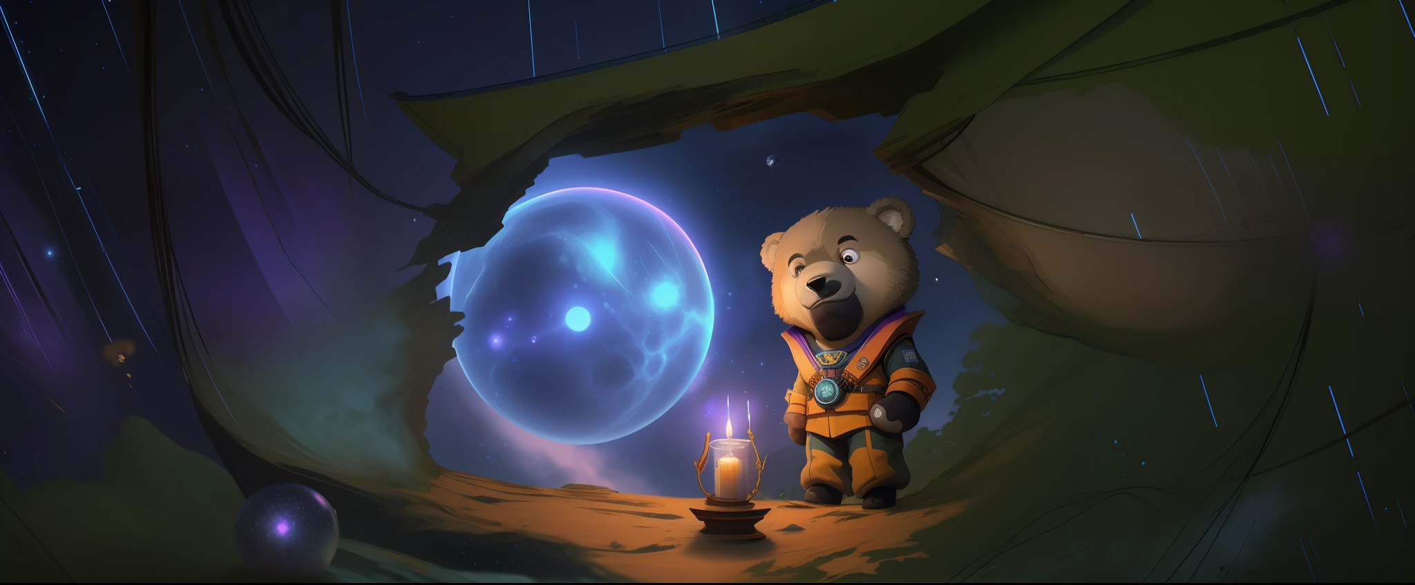 Adult male with a broken eyebrow and a tear mole in his right eye, wearing a blue Chinese second-generation navy uniform and holding a candle. Behind him, three spheres surround a constellation, an interstellar warship. In the blue sky, there is a small bear, a big bear, and a big Dipper in the Big Dipper. The environment color is roughly blue, with some shades of purple, and the reflected light is roughly orange yellow