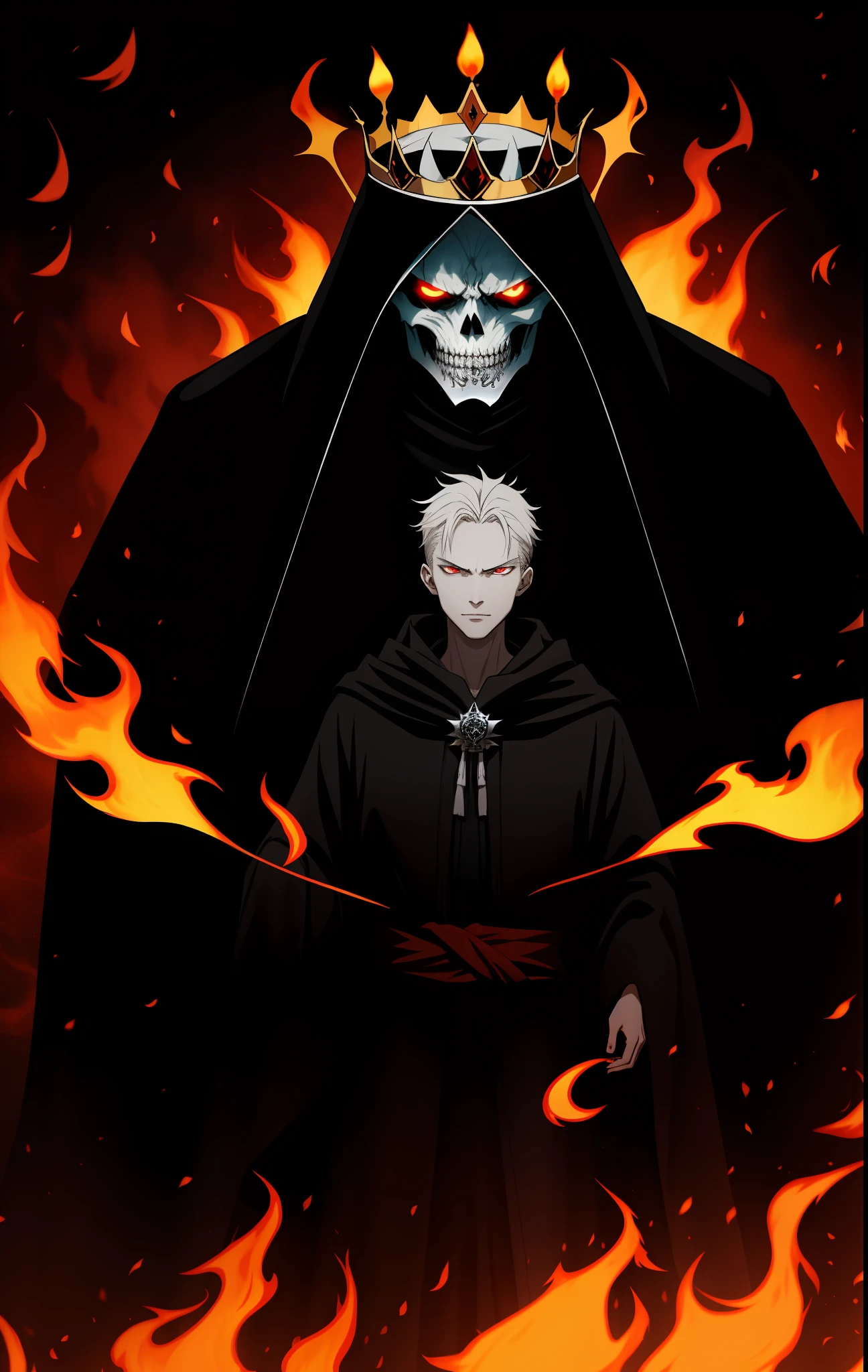 Lich, with half the face of a young albino man, with flames all around, evil look, dressed in black robe, with a crown