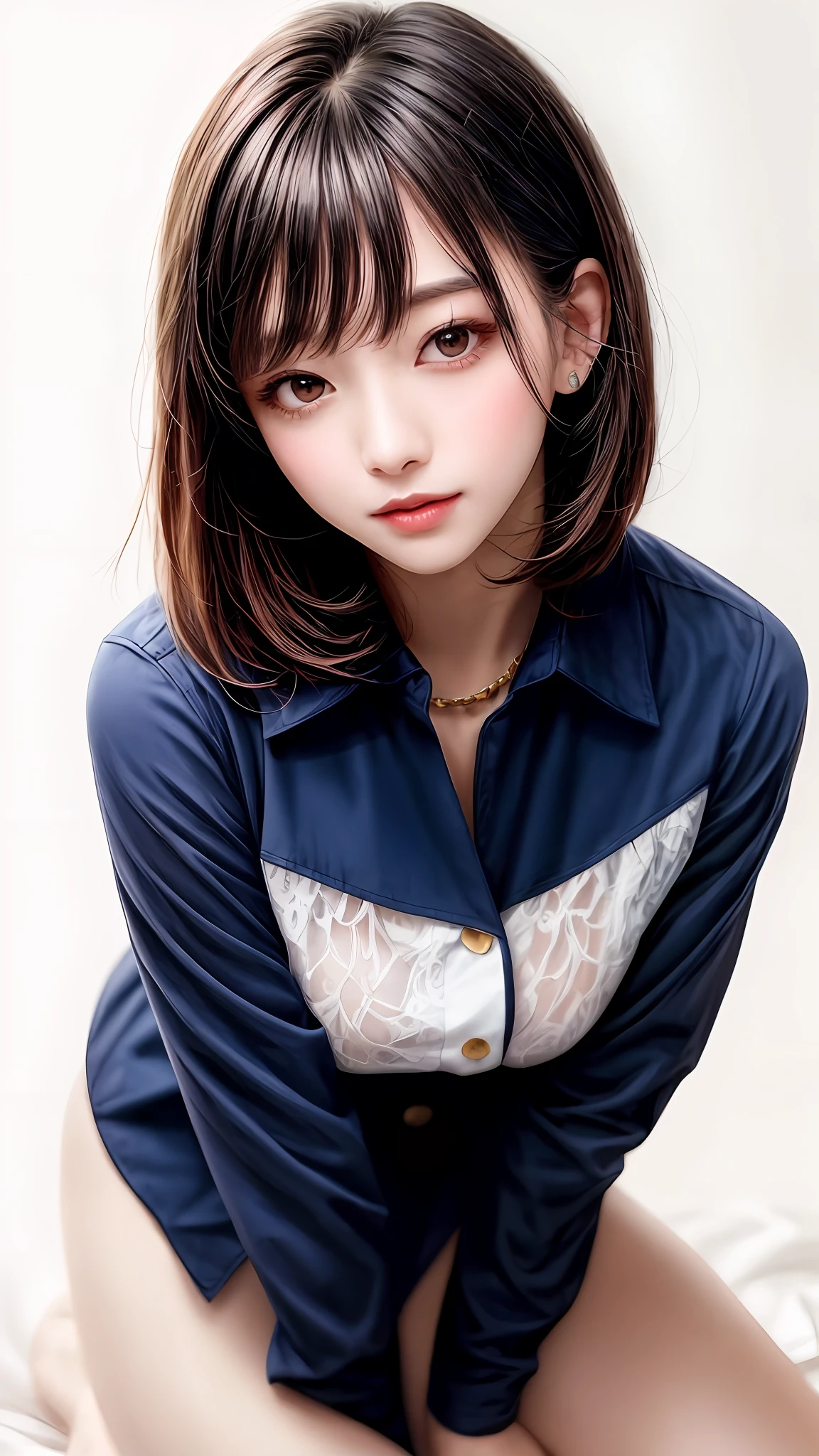 Pee (incontinence: 1.47), fashion trendy beautiful and attractive woman, gentle and attractive Chinese beautiful woman, Korean (kpop idol), delicate and sexy collarbone, attractive oval face, double eyelids, smart [peach] flower eyes, pink lips, small nose, bare shoulders, focus on face, [[face close-up], ultra high definition, super detail, White off-shoulder lace shirt, (((white lace panties), fresh and impressive, natural (large: 1.25), (kneel on the ground), (legs wide open), (legs spread), (from a low angle), (upright 1.5), (shiny skin: 1.4), (low angle)), perfect figure, areola, cleavage, armpit wrinkles, (floor urine)), (NSFW: 1.05), ( Showpiece, top quality, high precision)), one girl, (big, photorealistic: 1.4), (slightly above the camera, looking up at the camera, looking up, looking up at the camera, staring at the camera))), solo, solo, white background, snow-white background, mouth closed, happy smile, pretty black hair, short hair, big eyes, pronounced double eyelids, eyelashes, ears out, long neck, long neck, Absolute area, ((close-up of face, short hair with bangs)), 19 years old, attractive proportions, shiny skin, clean collarbone, golden ratio face, perfect face, teardrop mole, chest mole, bangs, clean bangs, beautiful bangs, lip gloss, thin lips, white skin, undressed, big breasts, small face, staring at the camera a little upwards, ((smiling a little at the camera, really nothing pure white background, very big, big big, big breasts)), ((((uniform, shirt))))