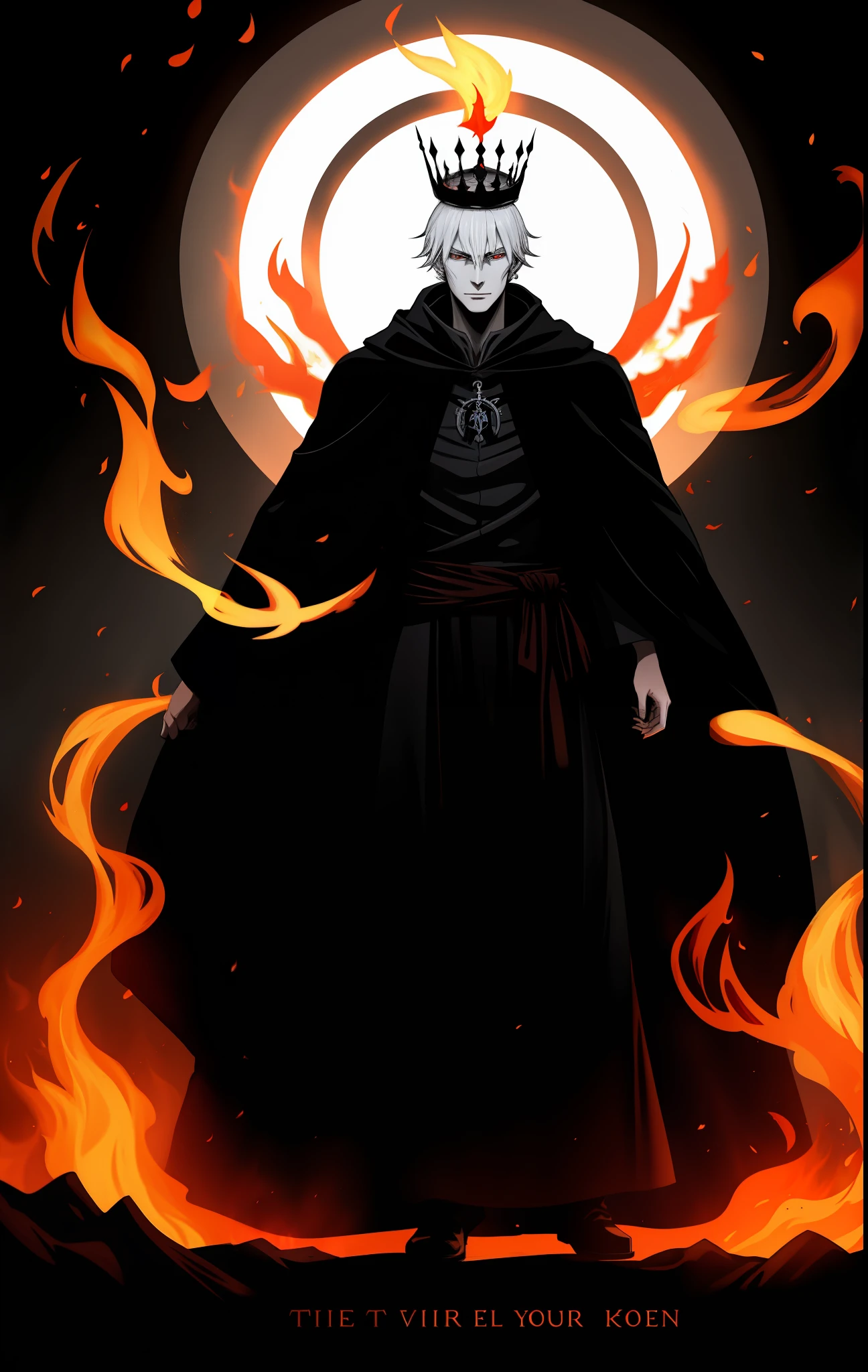 Lich, with half the face of a young albino man, with flames all around, evil look, dressed in black robe, with a crown