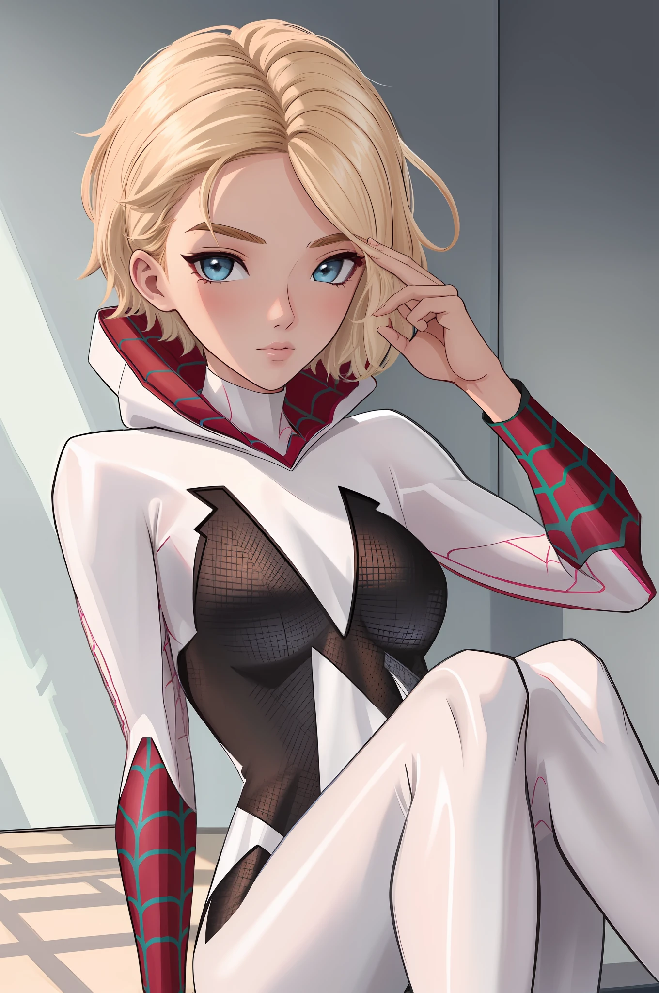 (masterpiece, highest quality), intricate details,
1girl, Gwen Stacy, Spider Gwen Suit , Bodysuit , Superhero, Blonde hair , Blue hair , Short hair, Animated ,Eyebrow piercing,solo focus,hand partial adjustment