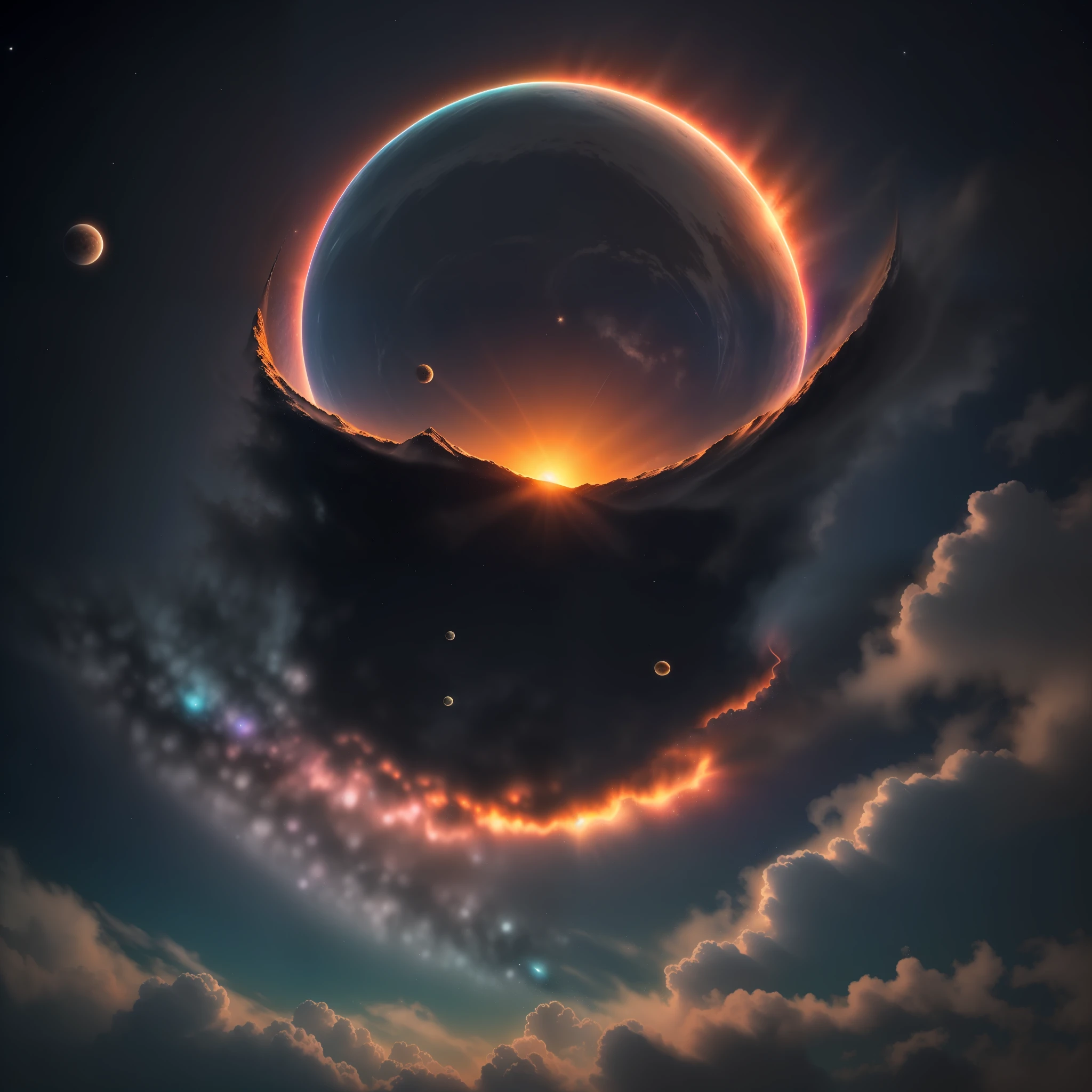 comet, sea, unknown creature, milky way, orange, sunrise, abstract, brightness, gradient, abstract, oil painting, high quality, 8k