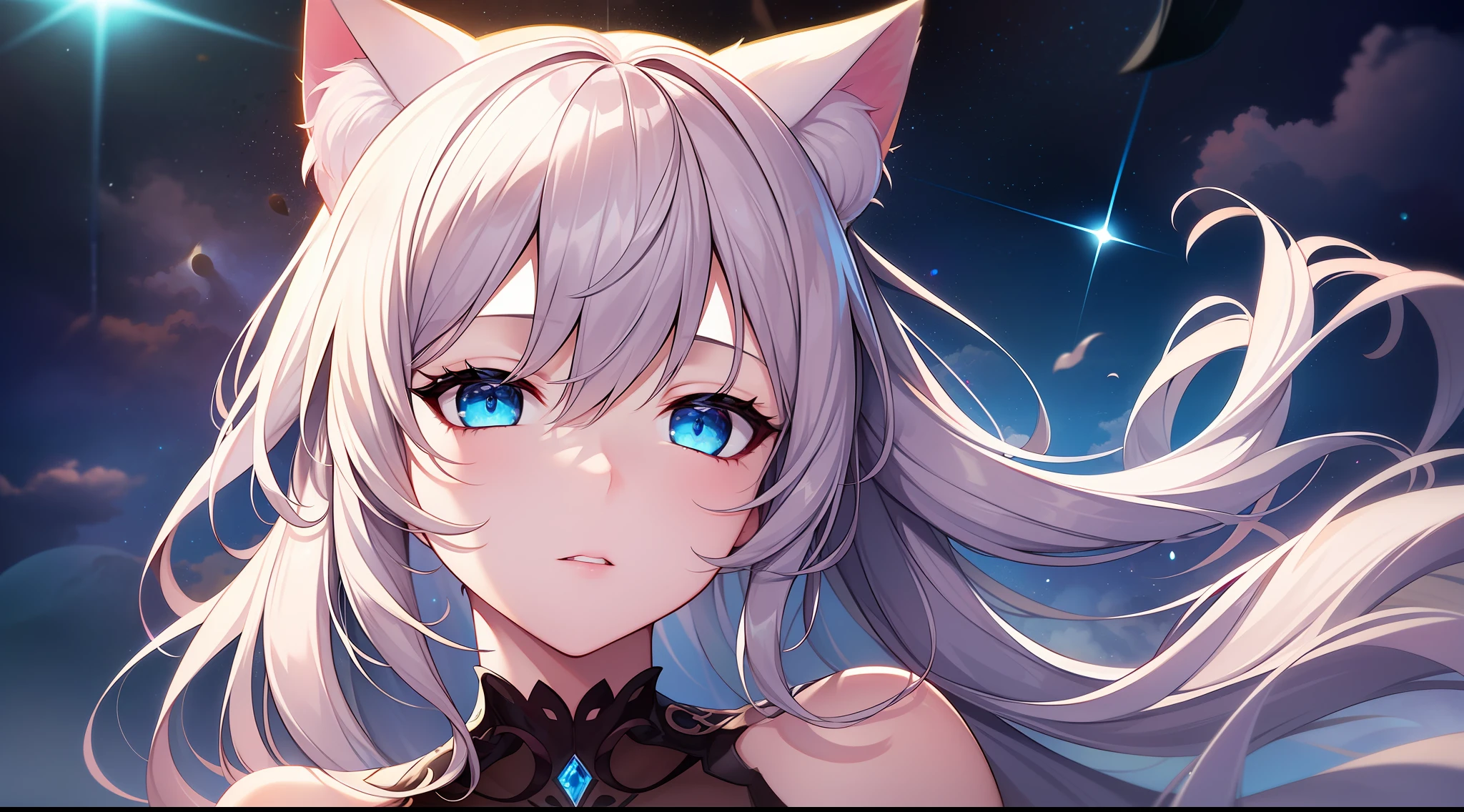 top quality, masterpiece, illustration, very delicate and beautiful, very detailed, cg , unity, 8k wallpaper, amazing, fine detail, masterpiece, best quality, official art, highly detailed cg unity 8k wallpaper, absurdity, incredibly absurd, ultra detailed, high resolution, highly detailed, detailed light, cinematic lighting, lens flare, light leakage, sunlight, glow, beautiful detailed glow, beautiful detailed girl, Highly detailed eyes and face, Beautiful detail eyes, M, illustration, (Very delicate and beautiful:1.2), cinematic angles,(Beautiful detail eyes:1.1), (Detail light:1.1),Movie lighting, Beautifully detailed sky, White long hair, (Blue eyes), (High ponytail:1.1), Glowing eyes, (Mon:1.2), (Moonlight:1.1), Starry sky, (Lighting particles:1.1), (Cat ears), Adult Woman, 1 girl