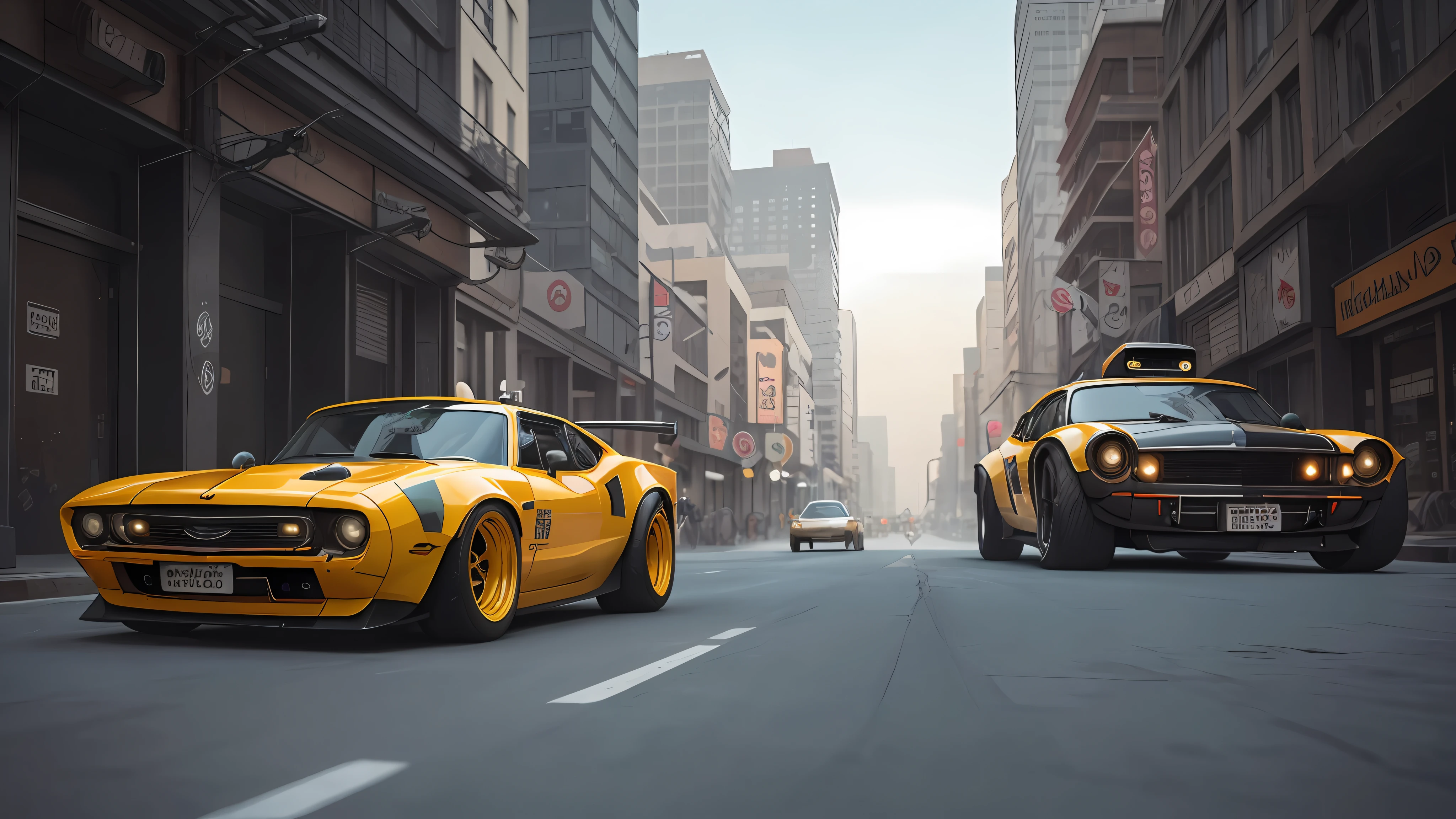 professional photo of a futuristic muscle car with multiple modifications, large wheels, yellow painting, parked, cybernetic hood, cyber car parts, (exotic headlights), mad-max, v8 engine, blower, front pop up headlights, futuristic, car mods, spoiler, science fiction, sci-fi scenario, night, natural light, cyberpunk, futuristic city, cyberpunk city, neon signs, (highly detailed), (highly detailed background), multiple buildings in the background, detailed textures, wide angle, 8k, HDR, professional photoshoot, high quality photo, realistic photo, realistic shadows, detailed shadows, realistic proportions, photographed with a Sony a9 II Mirrorless Camera, film grain, raw photo, physically-based rendering, vibrant colors, award winning picture, (color particles).