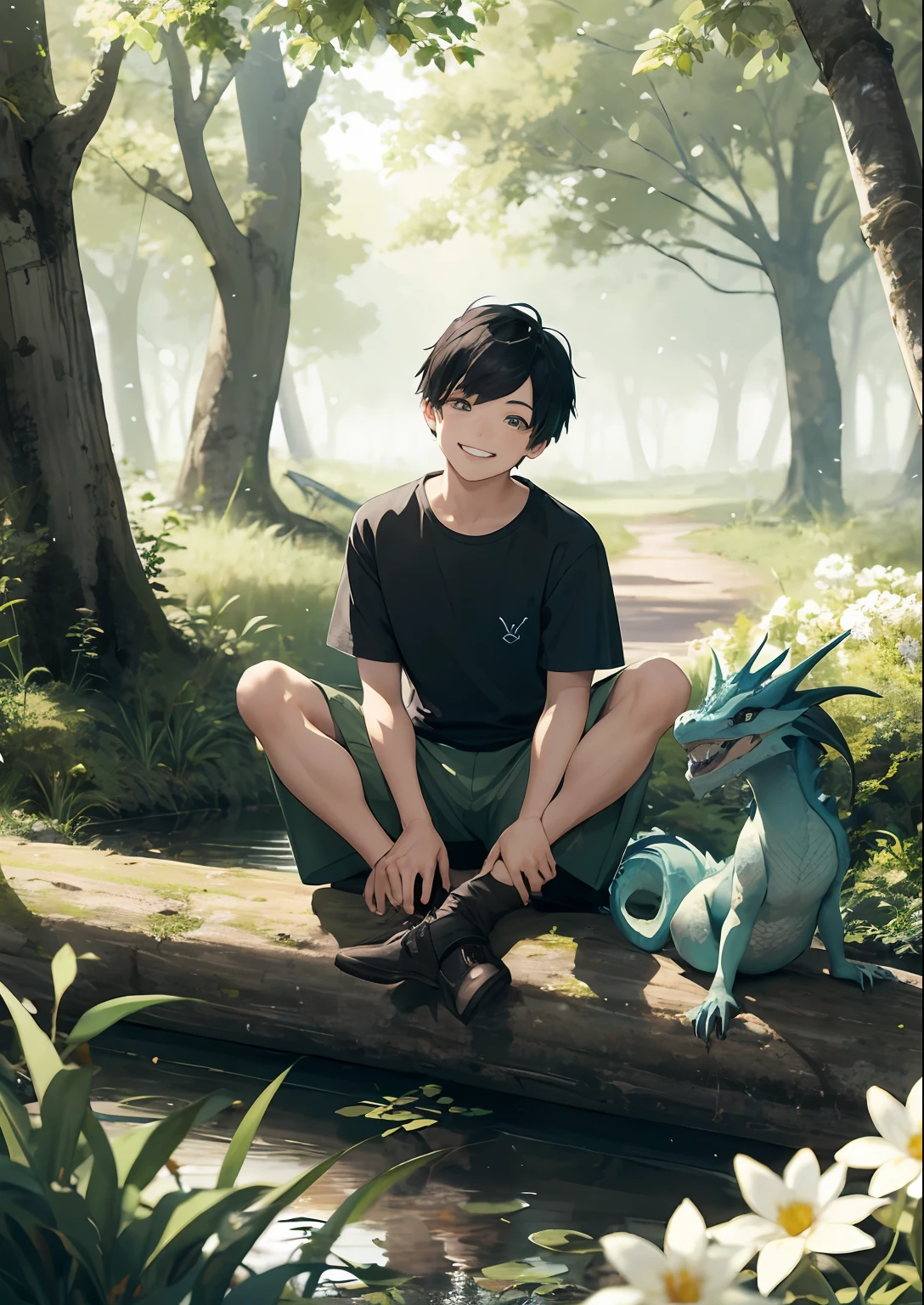 Boy with short, black hair.  brown eyes. Smiling. sitting on a log in the middle of a park, flowers, trees. with a dragon on the side, very small green fun, cute