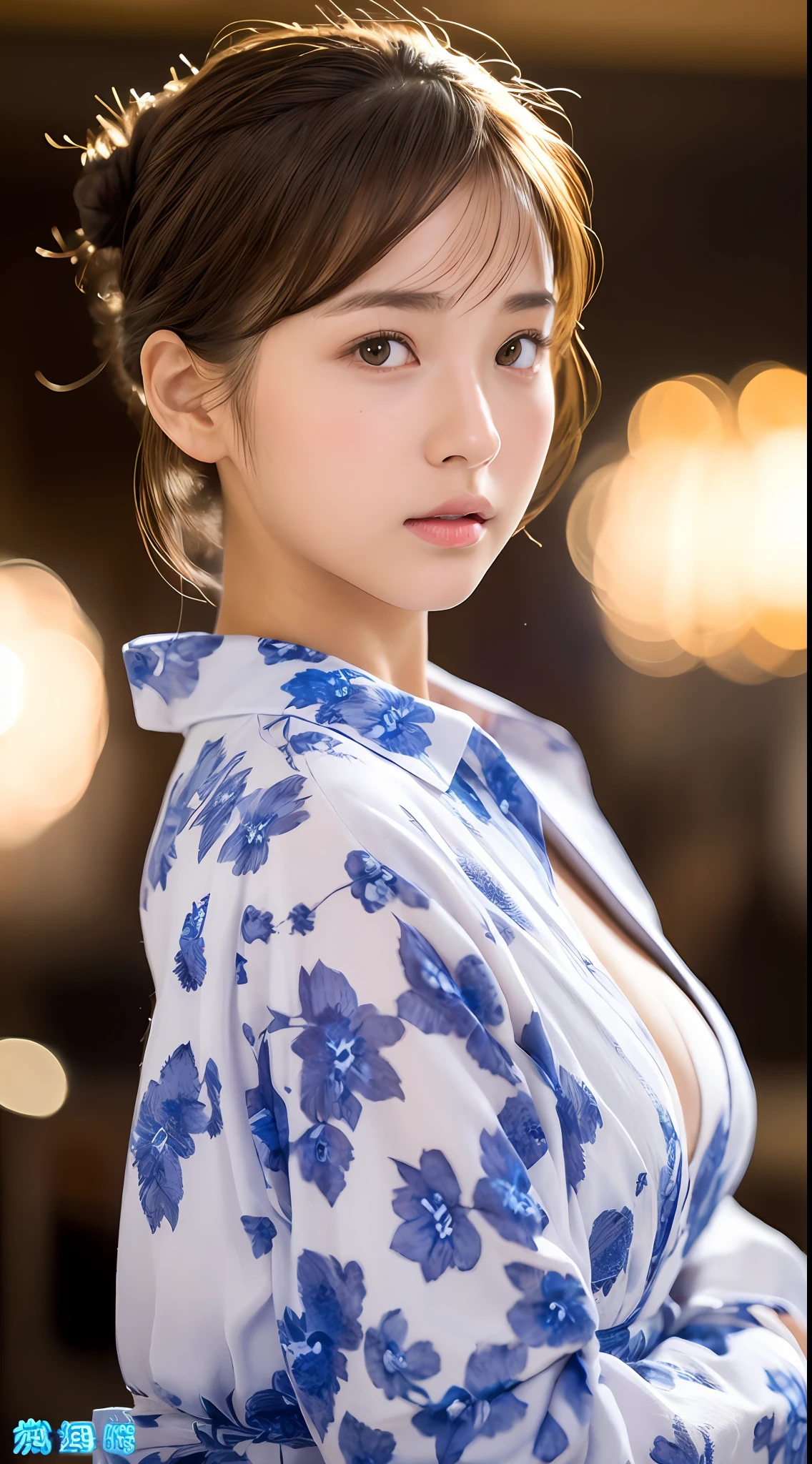 Top quality, realistic, perfect human body structure, very detailed, very delicate and beautiful, RAW photo, night fireworks display, yukata figure, professional lighting, face lighting, depth of field, single focal, pull photo, 13 year old woman, brown hair, brown eyes, small head, ((big)), baby face, fashion girl, beautiful eyes, real face, real skin, realistic face, realistic skin, detailed eyes, (half updo: 1.3), Sexy pose, viewer, looking at detailed face and breasts, middle school student