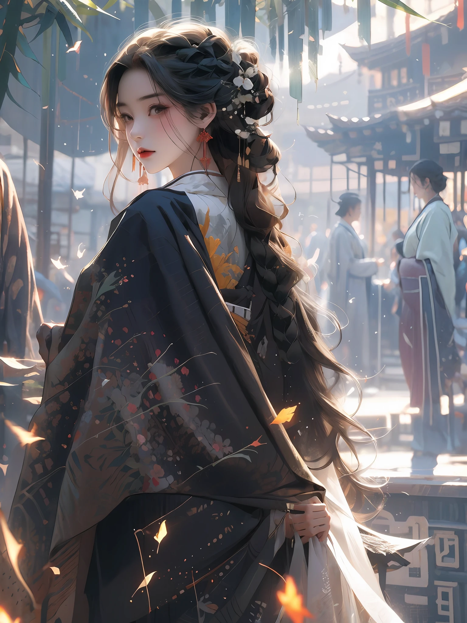 Bamboo forest, bamboo leaves falling, hazy, white Hanfu, sexy,