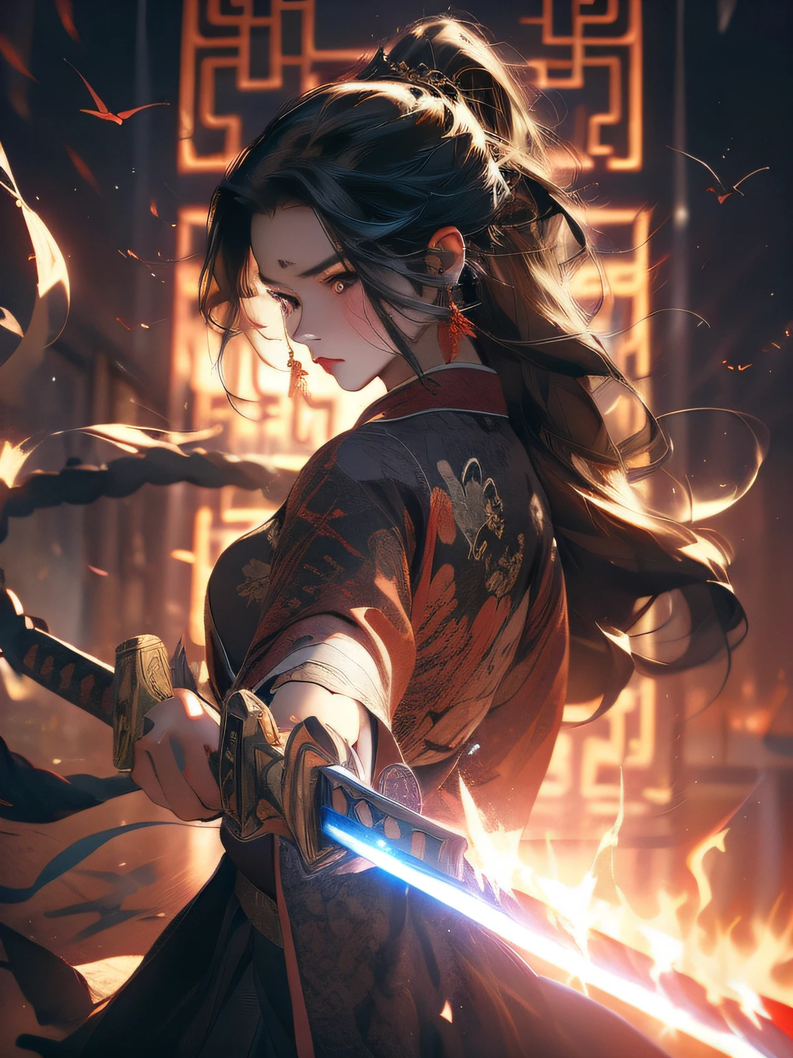 (Fidelity: 1.4), Best Quality, Masterpiece, Ultra High Resolution, Poster, 8K, Fantasy Art, Dynamic Lighting, Art Station, Poster, Volume Lighting, Very Detailed Faces, 4k Wallpaper, Award-Winner, A Girl with a Sword, Red Headband, Long Black Hair, Long Flowing Hair, Katana, Holding a Great Sword, Demon Samurai, Black Clothes, Red Belt, Red Sword Qi, Dynamic Perspective, Dramatic Composition, (Ultra: 1.4), Ancient Chinese Architecture Background, A Round of Red Moon, Movie Lighting