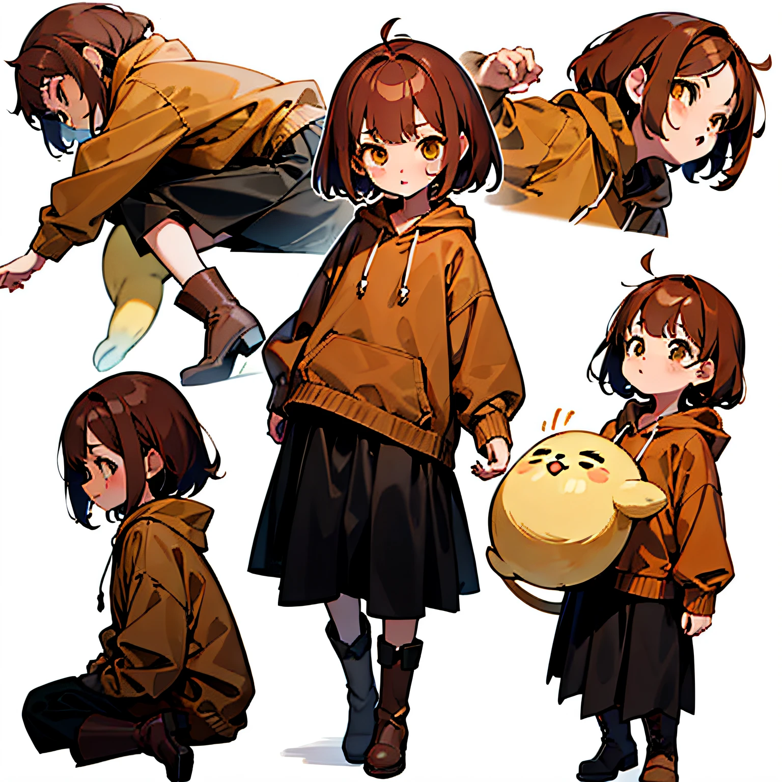 little girl , muliple poses and expressions, children's book illustrations style, simple, cute, full colour, Brown boots, Red hoodie, skirt, dark yellow hair, flat colour ,white background --no pet --niji 5