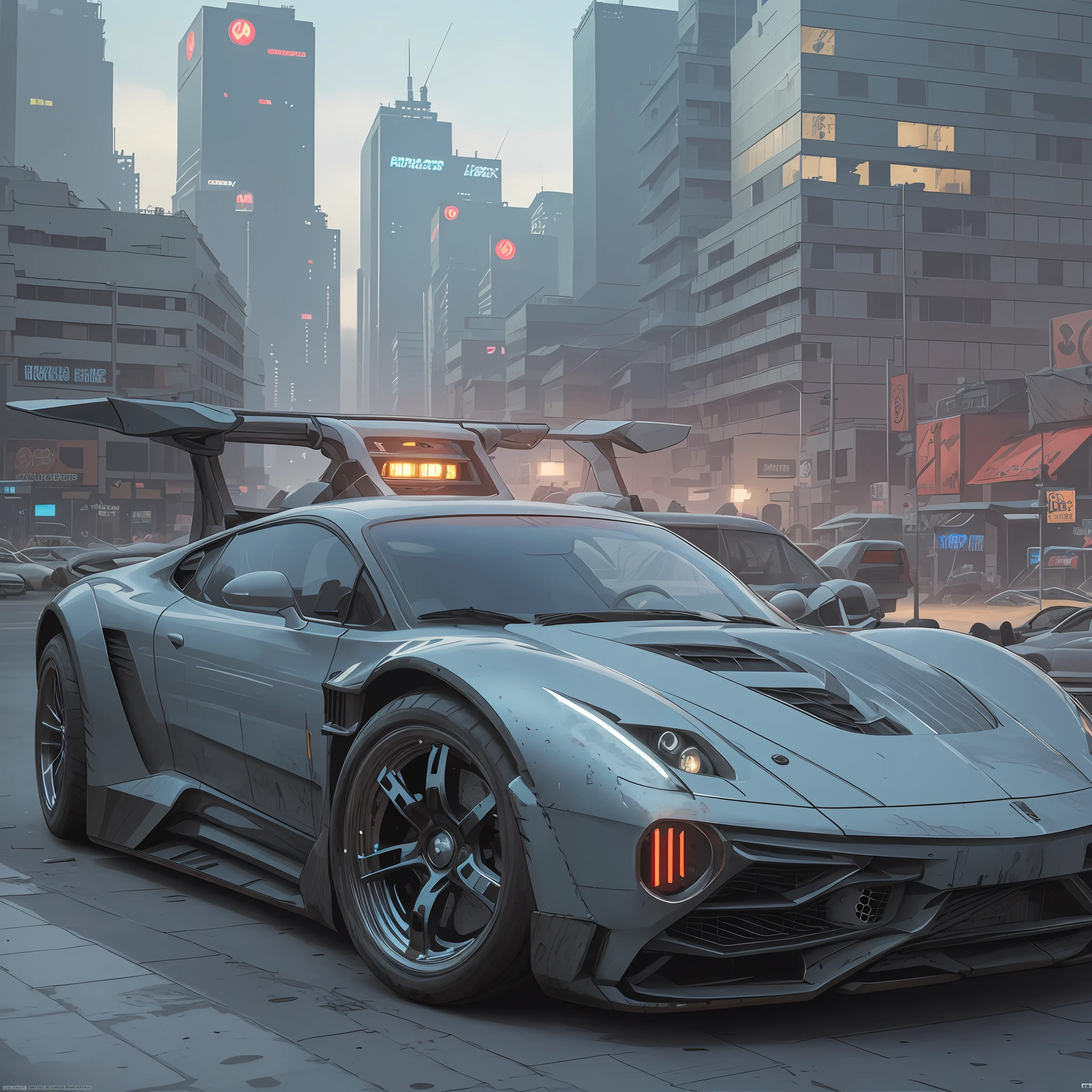 ((Cyberpunk futuristic car)) ((Realistic lighting, better quality, 8K, masterpiece:1.3)) Focus:1.2,Sculpted abs:1.1, (exterior, waterfront:1.1), City Street,