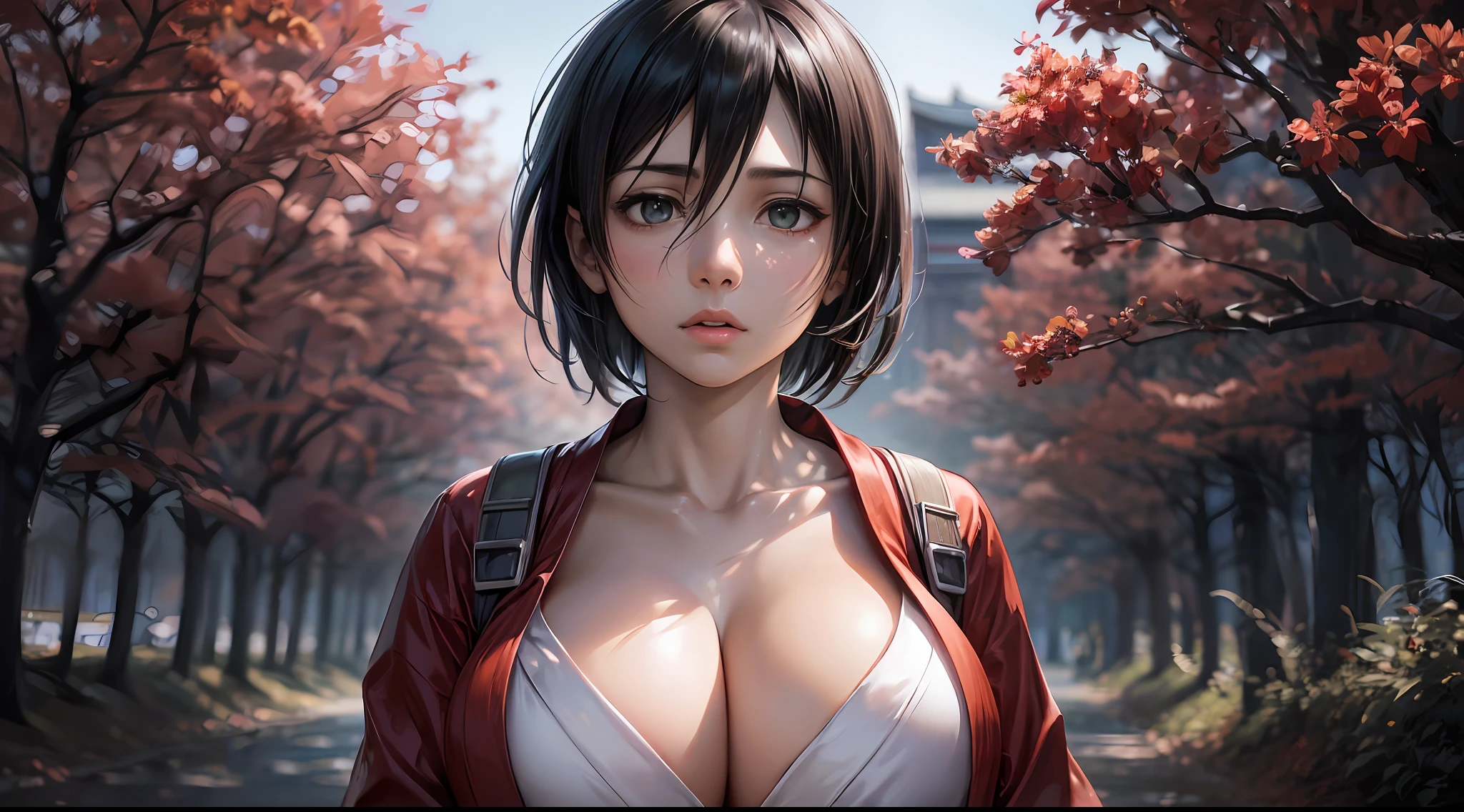 (Attack on Titan, Mikasa Ackerman), brown skin, (yukata), (short black hair), young, cute, beautiful girl, perfect style, gigantic breasts, emphasizing cleavage, expressionless, realistic, realistic, 8k, very detailed, highest quality, best quality, super high definition, masterpiece, one girl, (background is Japan of the Great Buddha of Nara),