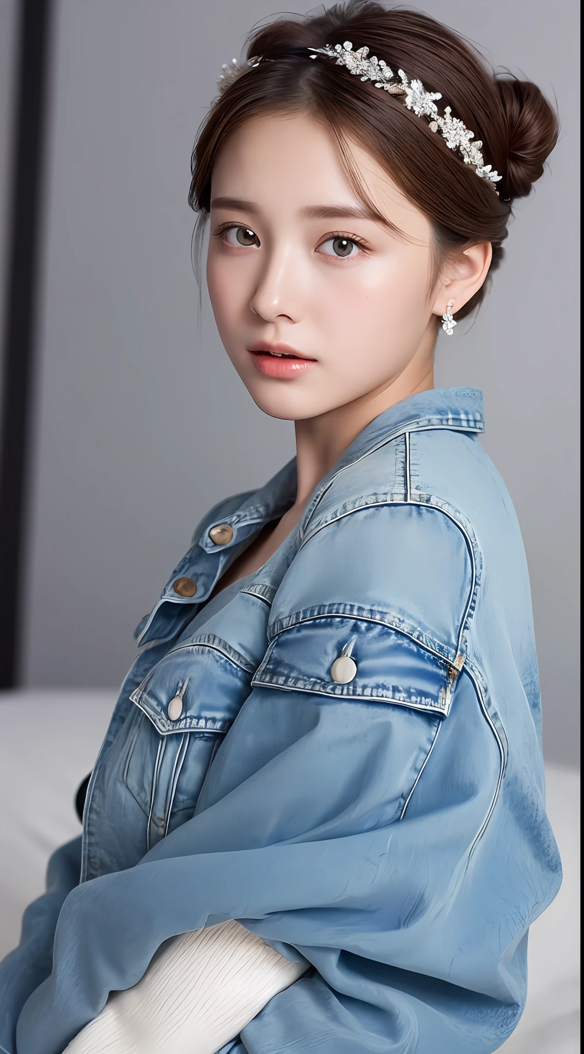 Top quality, realistic, perfect human body structure, very detailed, very delicate and beautiful, RAW photos, (Aurora in the night sky), knitted hats, down jackets, denim pants, professional lighting, face lighting, depth of field, single focal, pull photo, 13 year old woman, brown hair, brown eyes, small head, ((big)), baby face, fashion girl, beautiful eyes, real face, real skin, realistic face, realistic skin, Detailed eyes, (half updo:1.3), sexy pose, viewer, detailed face and breast look, middle school student