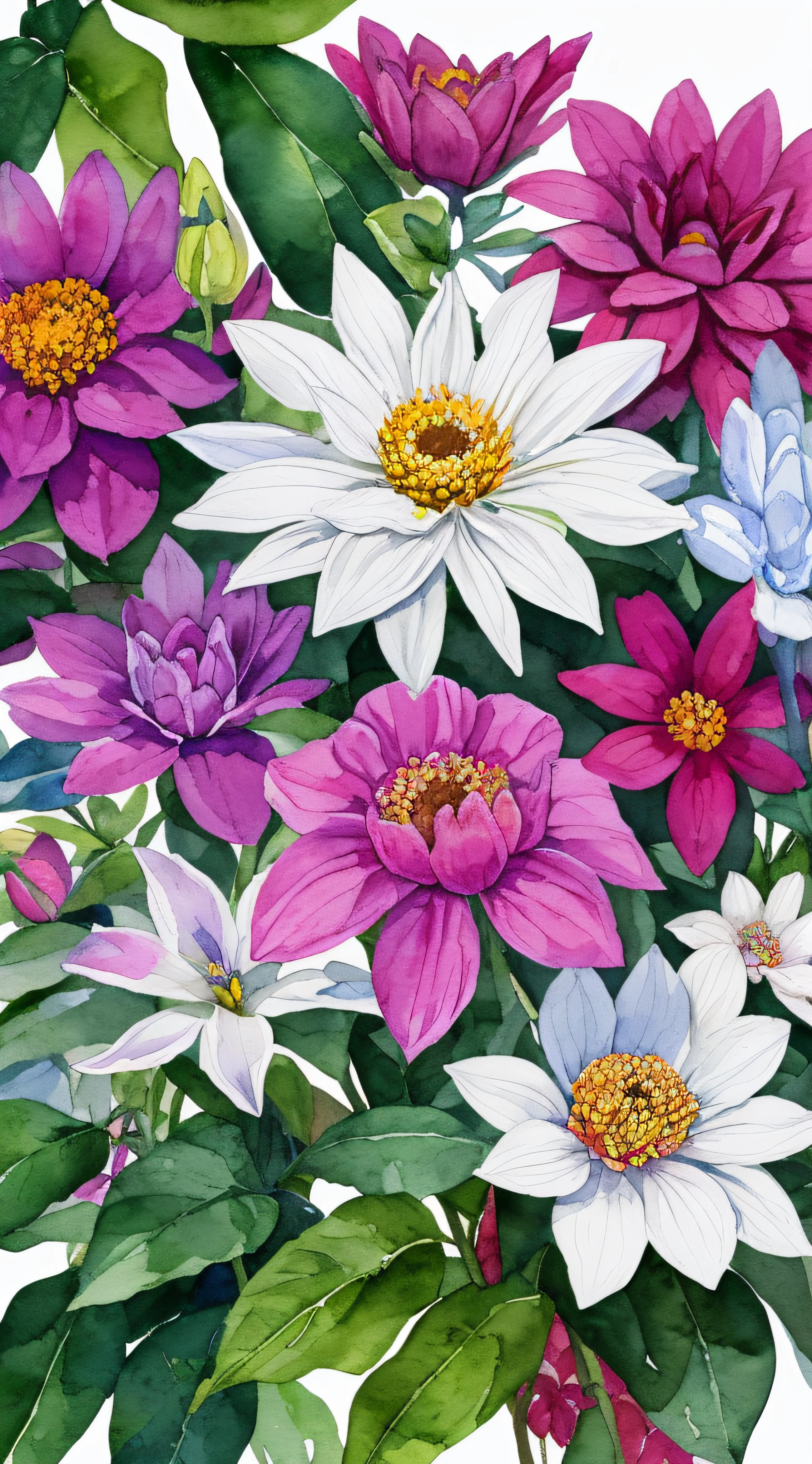 detailed illustration of watercolor paint of Quinacridone Magenta, Titanium White and at the center surrounded by, flower bloom, wild leaves, oversaturated, ink splash, detailed watercolor effect, 4K resolution, 4D, white background. --auto
