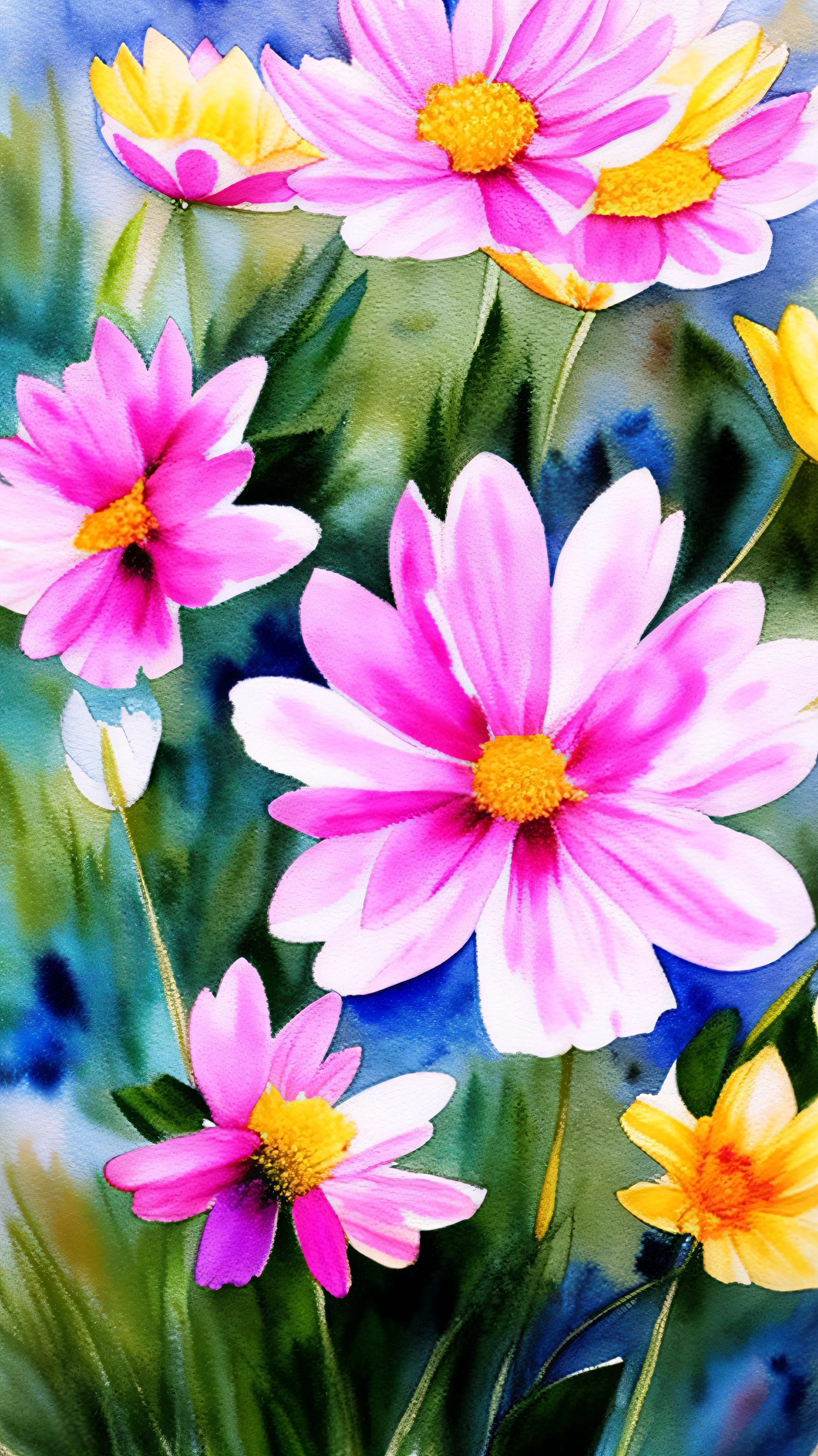 detailed illustration of watercolor paint of Quinacridone Magenta, Titanium White and at the center surrounded by, flower bloom, wild leaves, oversaturated, ink splash, detailed watercolor effect, 4K resolution, 4D, white background. --auto