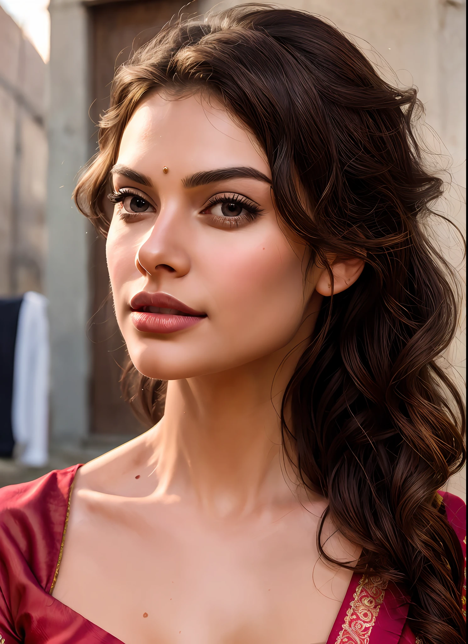 long shot super detailed lifelike illustration, intricately detailed face, use your imagination, , Georges woman, beautiful big brown lips, big brown eyes, curly long hair , perfect nose,
cinematic light, skinny body, wearing saree, royal mansion, village street