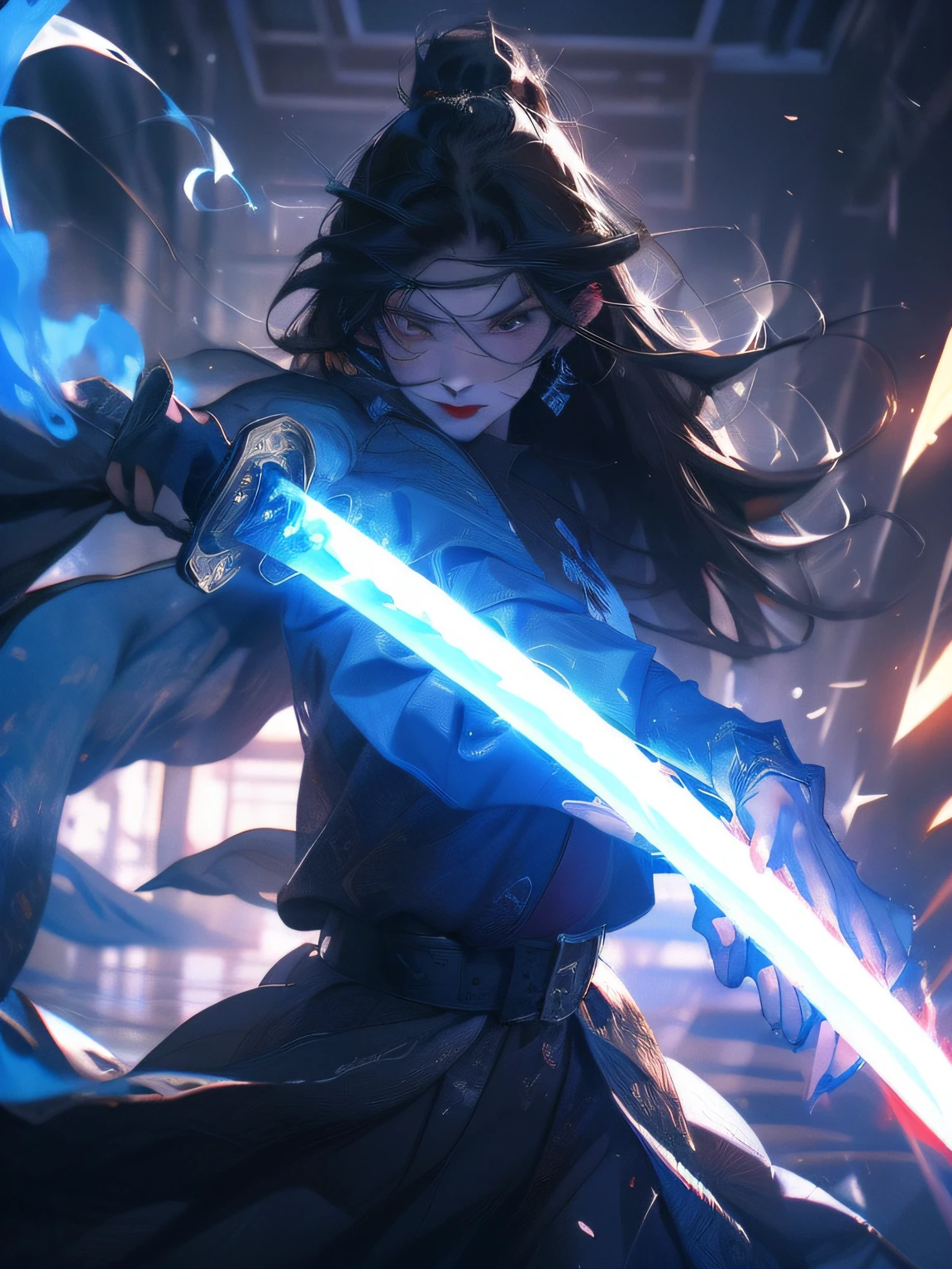 (Fidelity: 1.4), Best Quality, Masterpiece, Ultra High Resolution, Poster, 8K, Fantasy Art, Dynamic Lighting, Art Station, Poster, Volume Lighting, Very Detailed Faces, 4k Wallpaper, Award-Winner, A Girl with a Sword, Red Headband, Long Black Hair, Long Flowing Hair, Katana, Holding a Great Sword, Demon Samurai, Black Clothes, Red Belt, Red Sword Qi, Dynamic Perspective, Dramatic Composition, (Ultra: 1.4), Ancient Chinese Architecture Background, A Round of Red Moon, Movie Lighting