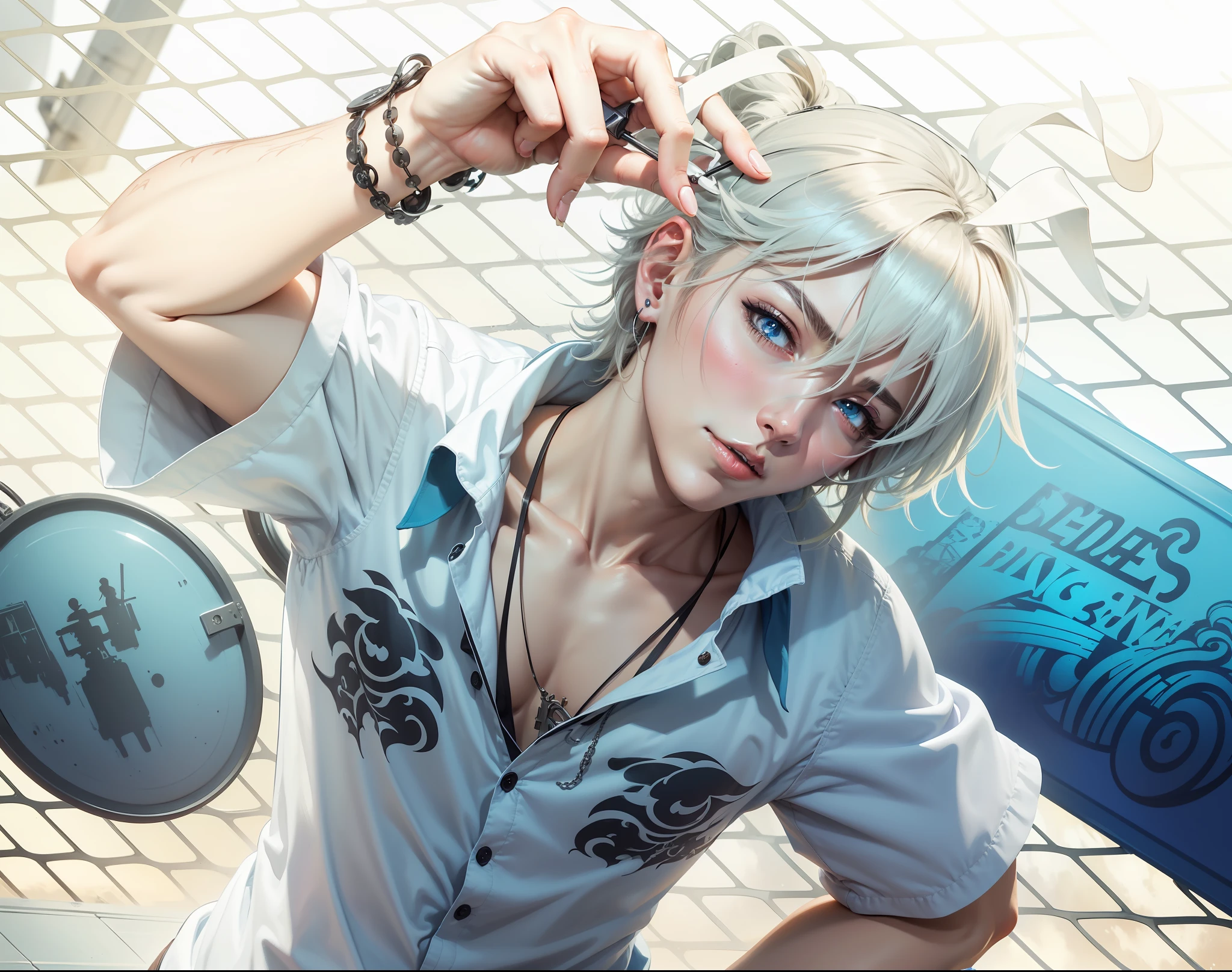 High Quality, Realistic Anime, Anime-Style Image of Man Putting Hair Over His Ears, Girls Frontline, Hypnosis Mike's Blue Coffin Left Horse Engraving, Best Anime 4K Konachan Wallpaper, Trigger Anime Art Style, Key Anime Art, Digital Art of Hypnosis Mike
