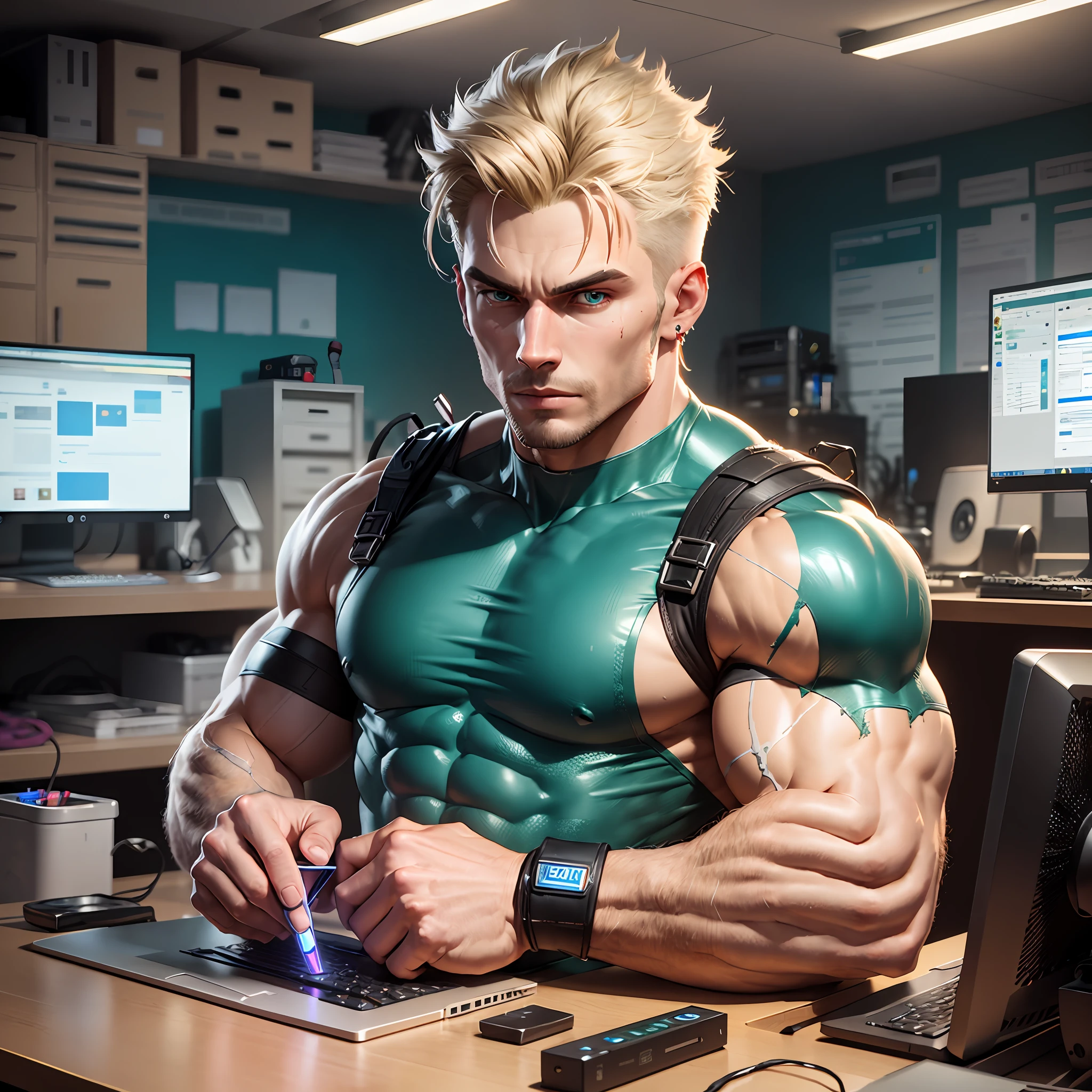 1man,40 years old,Cucasian white male with ash blond hair,6ft tall, chiselled jaw,piercing blue green eyes,focused concentration,chiselled body,wearing slim fit workshop overhauls that are skin tight,in a computer repair room with a computer and a monitor, fixing a desktop pc on a repair bench,fearless, muscular character, muscular male hero, muscular!,smouldering atmosphere, artstation mans aesthetic, inspired by Adrian Zingg, arnold 3 d render
