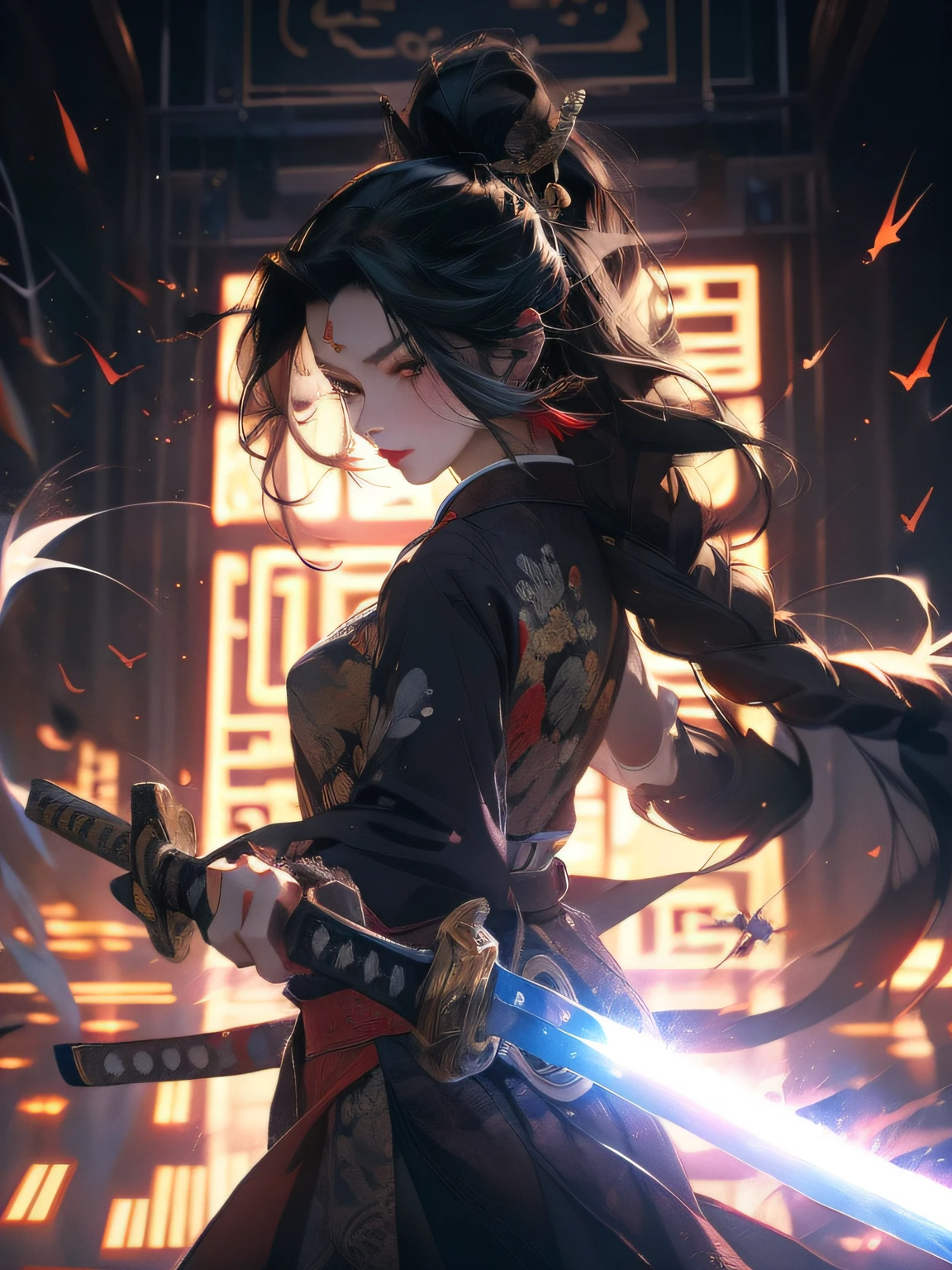 (Fidelity: 1.4), Best Quality, Masterpiece, Ultra High Resolution, Poster, 8K, Fantasy Art, Dynamic Lighting, Art Station, Poster, Volume Lighting, Very Detailed Faces, 4k Wallpaper, Award-Winner, A Girl with a Sword, Red Headband, Long Black Hair, Long Flowing Hair, Katana, Holding a Great Sword, Demon Samurai, Black Clothes, Red Belt, Red Sword Qi, Dynamic Perspective, Dramatic Composition, (Ultra: 1.4), Ancient Chinese Architecture Background, A Round of Red Moon, Movie Lighting