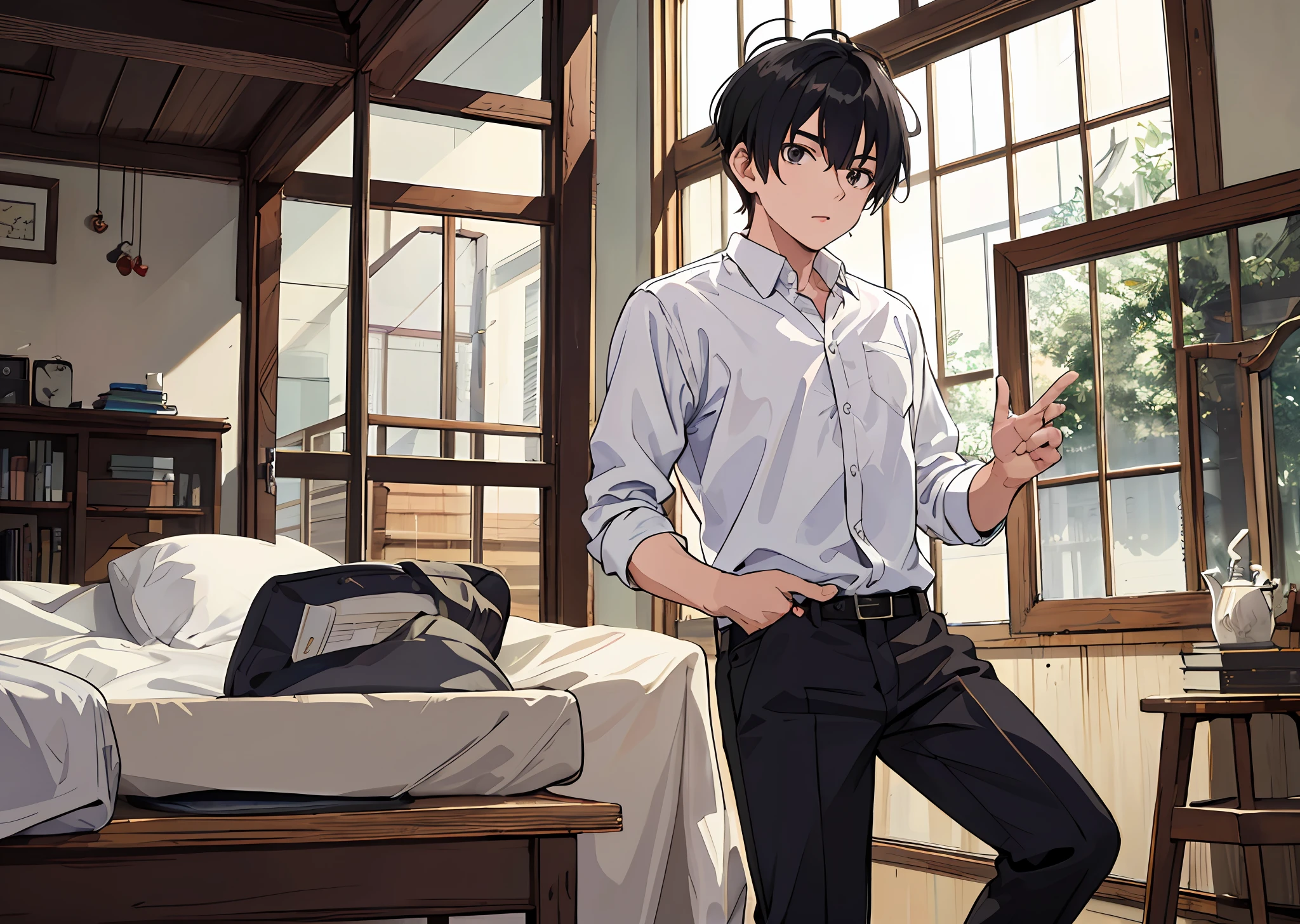 (masterpiece, best quality), ( ultra detail),,(nice pose) 1boy, Talk, Indoor , ,,White shirt,,In room ,,