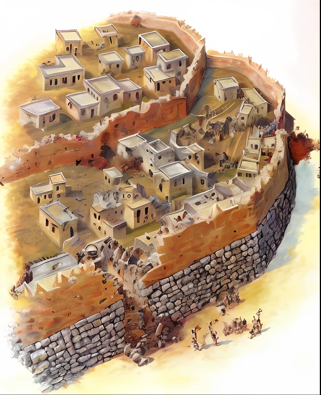 dramatic battle scene, ancient city of Jericho, biblical conquest, crumbling stone walls, triumphant Israelite army, horns blowing, warriors screaming, swirling clouds of dust, divine intervention, sunbeams penetrating, symbolic victory, dramatic perspective, intense action--air