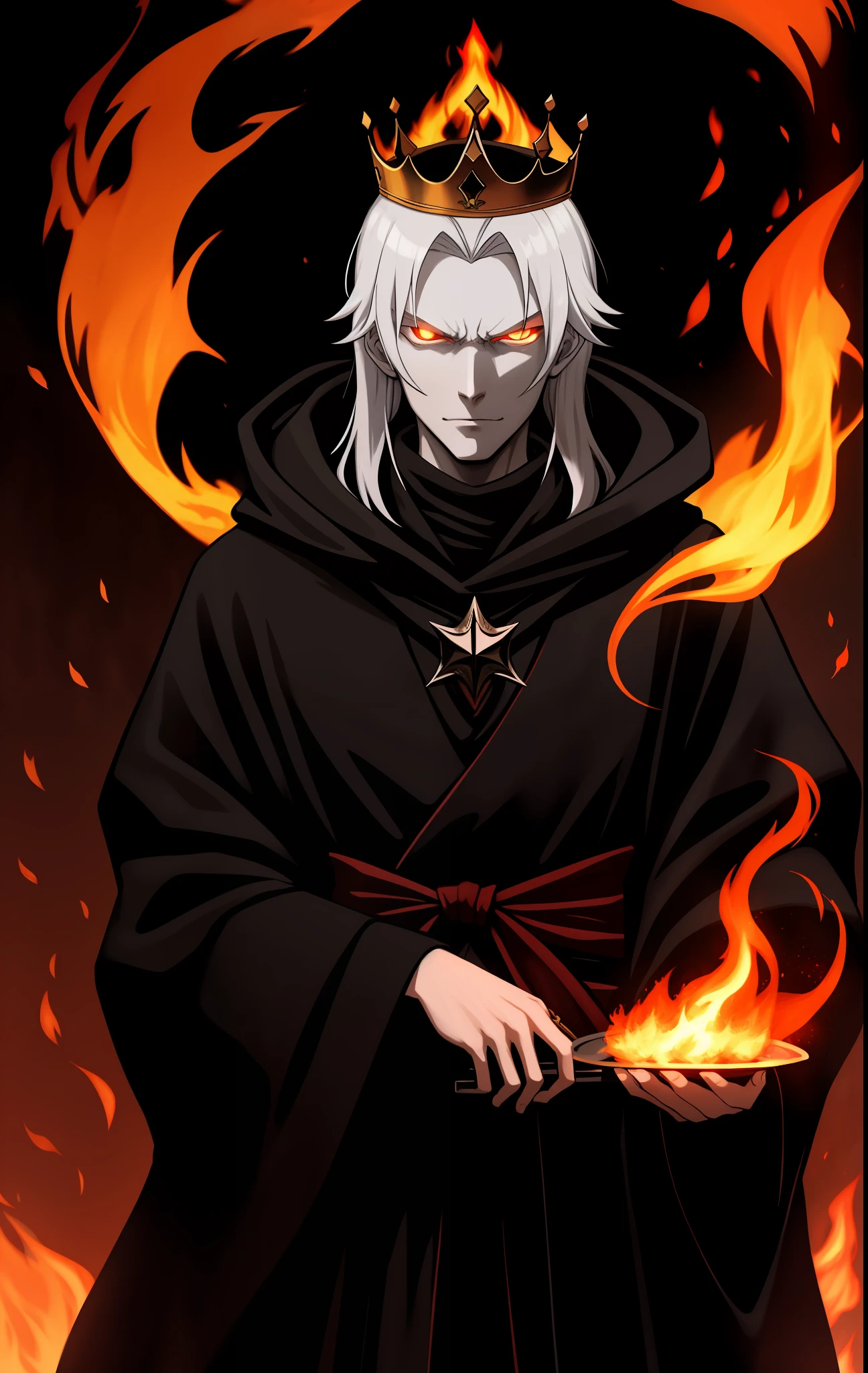 Lich, with half the face of a young albino man, with flames all around, evil look, dressed in black robe, with a crown