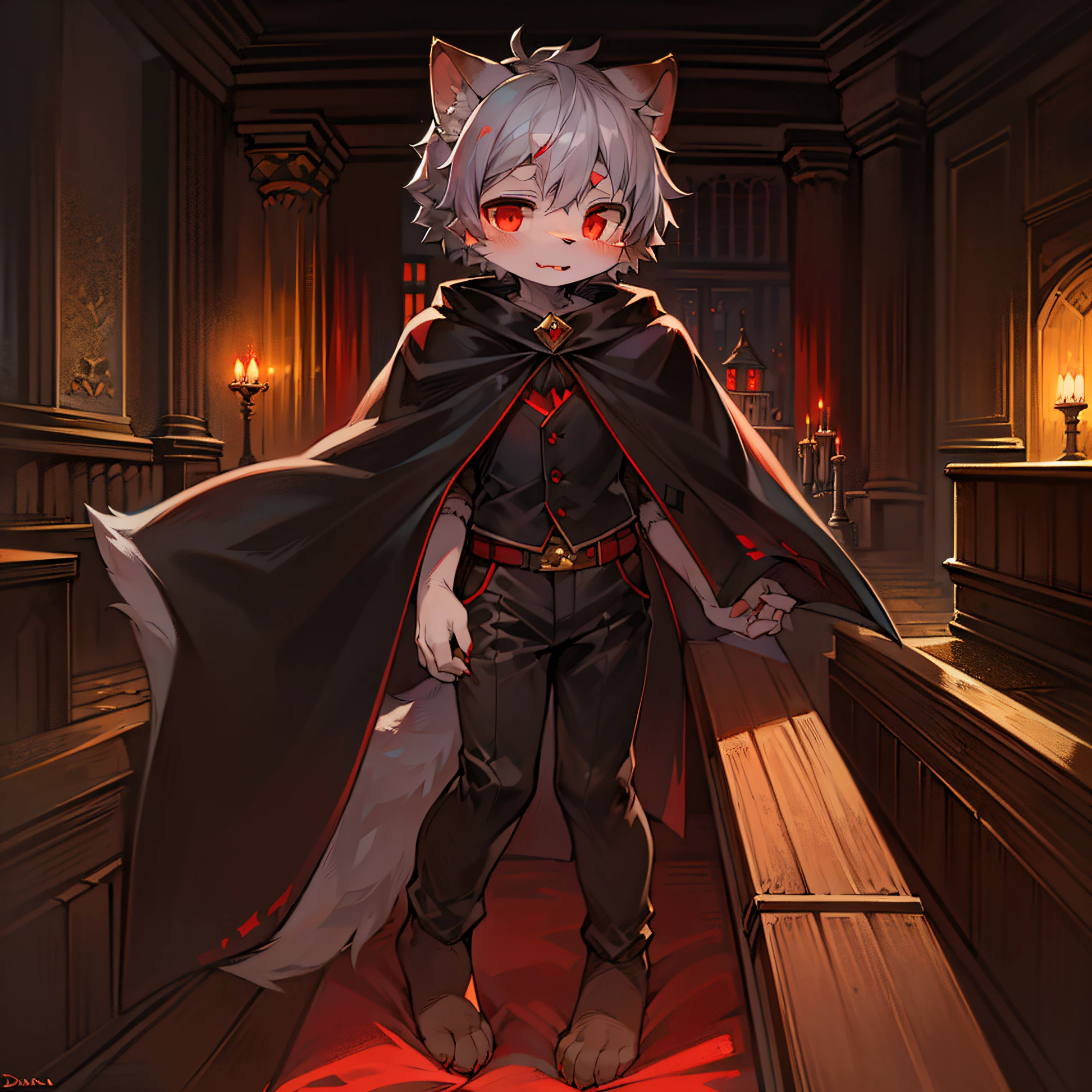 (dark environment:0.8),masterpiece, high quality, absurd res, digital painting \(artwork\), by dagasi, yupa,kiyosan,(anthro,fluffy fur,character focus:1.1),anthro male cat,short hair,portrait, bright eyes,panorama,character focus.(detailed background:0.7),solo,furry,furry male ,male focus,anthr,(Full body fur, fluffy tail, white fur,red eyes,gray hair:1.2),(long canines,vampire, cape:1.2),(interior,night, castle, coffin:1.1)