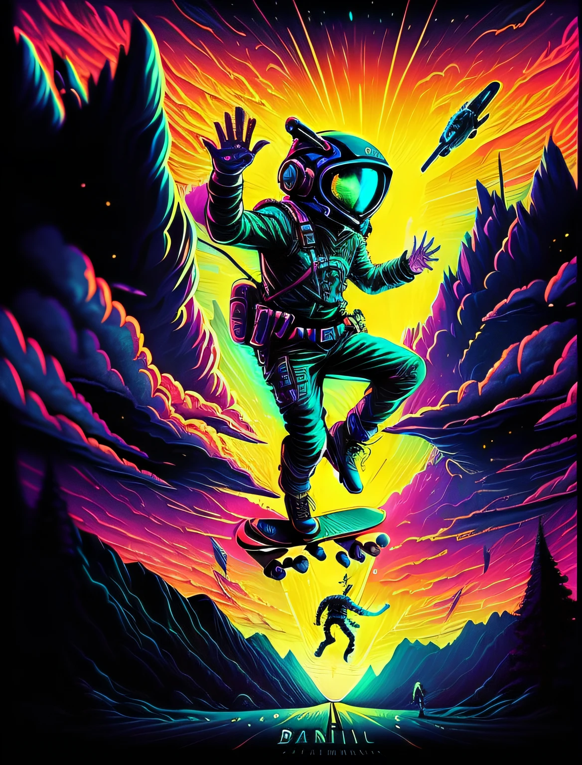 there is a man that is jumping in the air on a skateboard, jen bartel, cyril rolando and goro fujita, in style of cyril rolando, inspired by Cyril Rolando, inspired by Christopher Balaskas, interstellar infinity portal, portal in space, a beautiful artwork illustration, dreamlike digital painting, digital concept art illustration, into the void