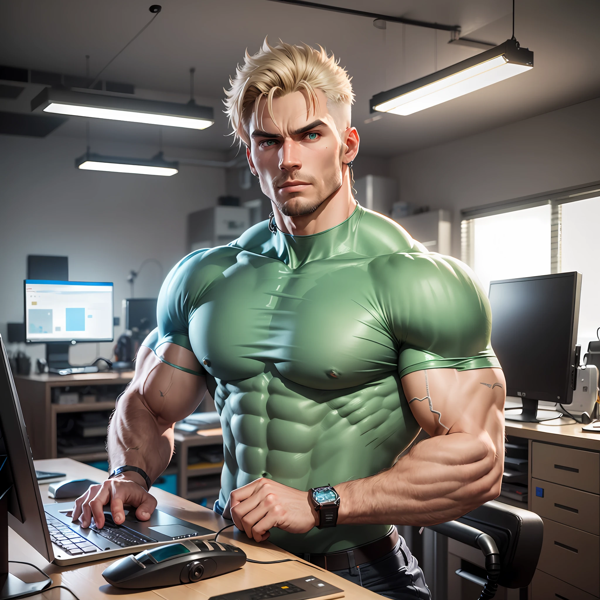 1man,40 years old,Cucasian white male with ash blond hair,6ft tall, chiselled jaw,piercing blue green eyes,focused concentration,chiselled body,wearing slim fit workshop overhauls that are skin tight,in a computer repair room with a computer and a monitor, fixing a desktop pc on a repair bench,fearless, muscular character, muscular male hero, muscular!,smouldering atmosphere, artstation mans aesthetic, inspired by Adrian Zingg, arnold 3 d render
