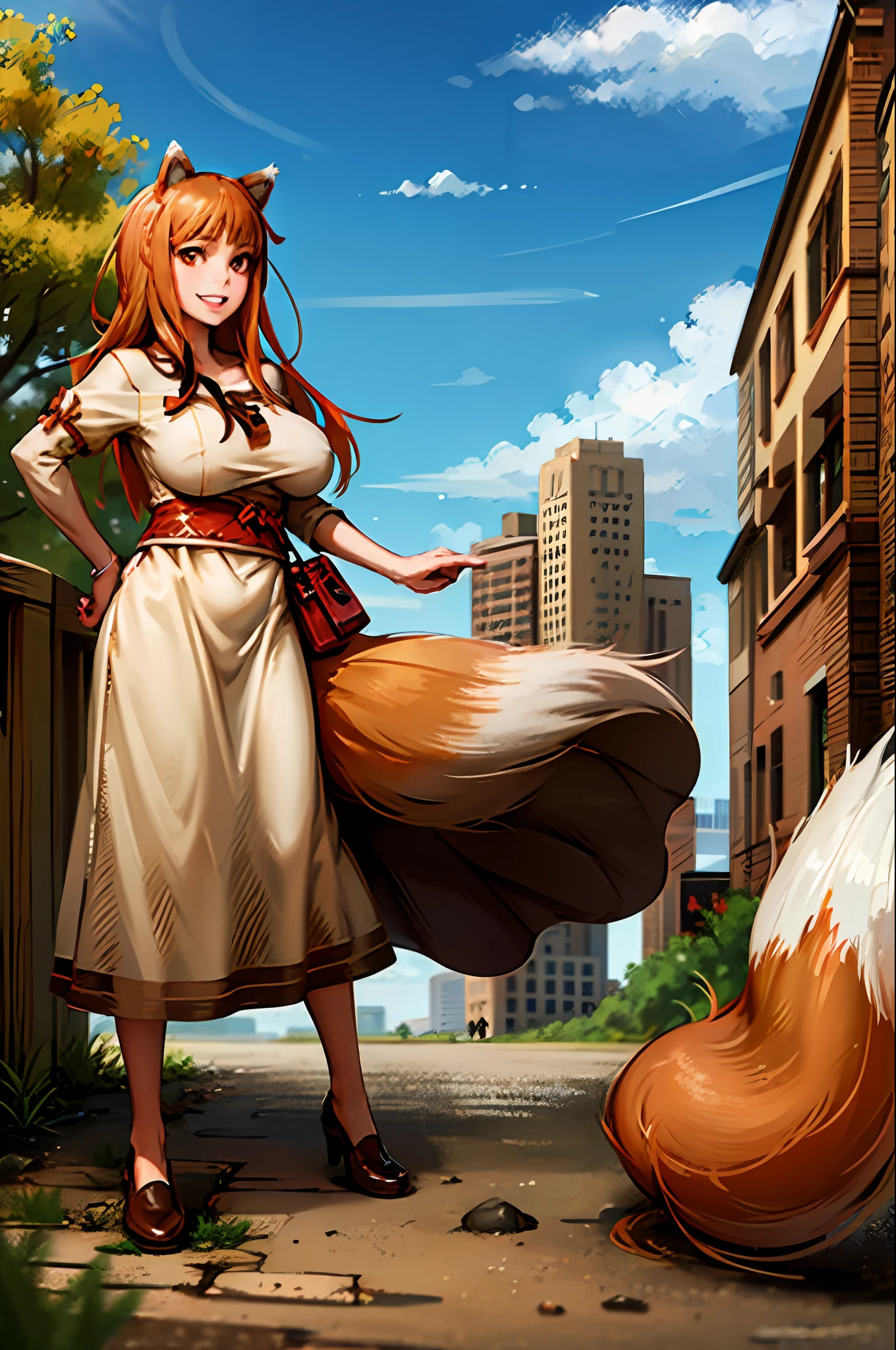 (holo:1.5), (holoBrownDress:1.5), masterpiece, best quality, absurdres, 1girl, looking at viewer, standing, cowboy shot, outdoors, medieval, cobblestone street, town, pouch, sash, smile, fruit, apple, basket,huge , curvy