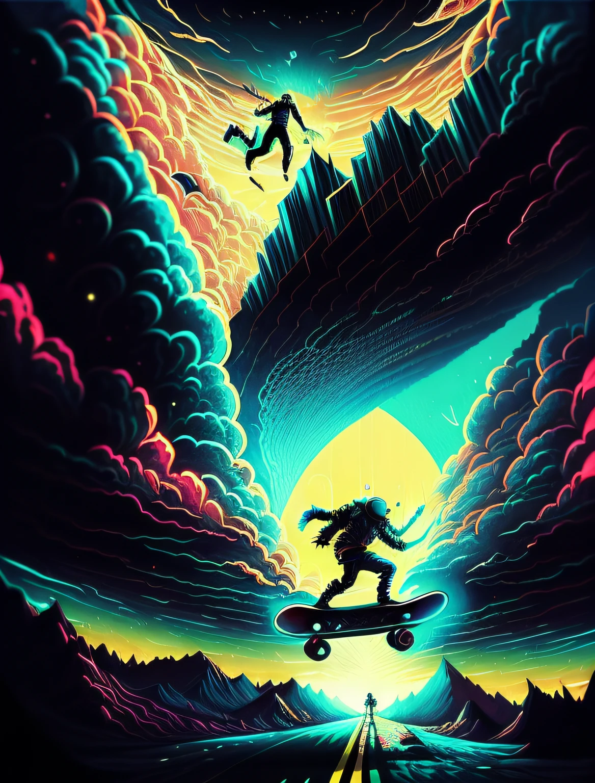 there is a man that is jumping in the air on a skateboard, jen bartel, cyril rolando and goro fujita, in style of cyril rolando, inspired by Cyril Rolando, inspired by Christopher Balaskas, interstellar infinity portal, portal in space, a beautiful artwork illustration, dreamlike digital painting, digital concept art illustration, into the void