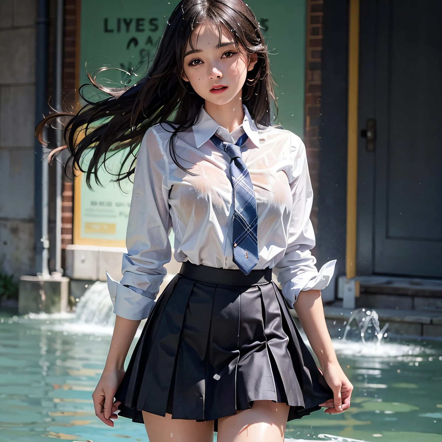 woman,schoolgirl,school girl,uniform skirt,wet Y-shirt,syndrome,(red cheeks),glowing skin