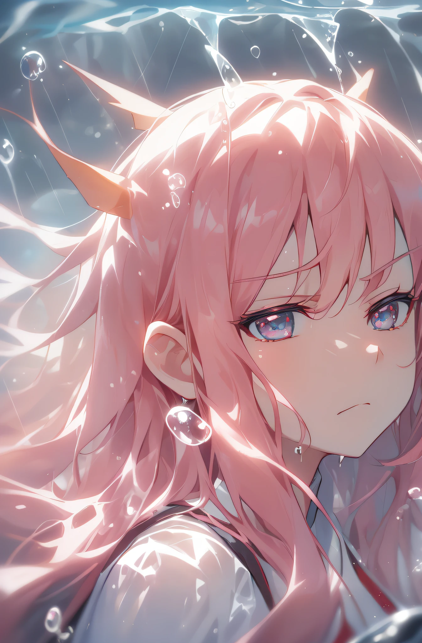 (Two-dimensional animation style: 1.4), (Japanese animation: 1.9), HD, (golden lighting: 1, 4), white skin, full picture bright, horn, (clear eyes), white sunlight, hair glowing (((falling rain: 1.2), sunlight, sun, waves, (water surface), close up, magnifying eyes, glowing eyes, long pink hair, clear eyes, eyes close-up, eye close-up, prayer, looking at the girl from the side, side, holy light, (transparent clothes), underwater, bubbles, (water divergence), (air flow divergence), serious 😠, eyes open, eyes closed