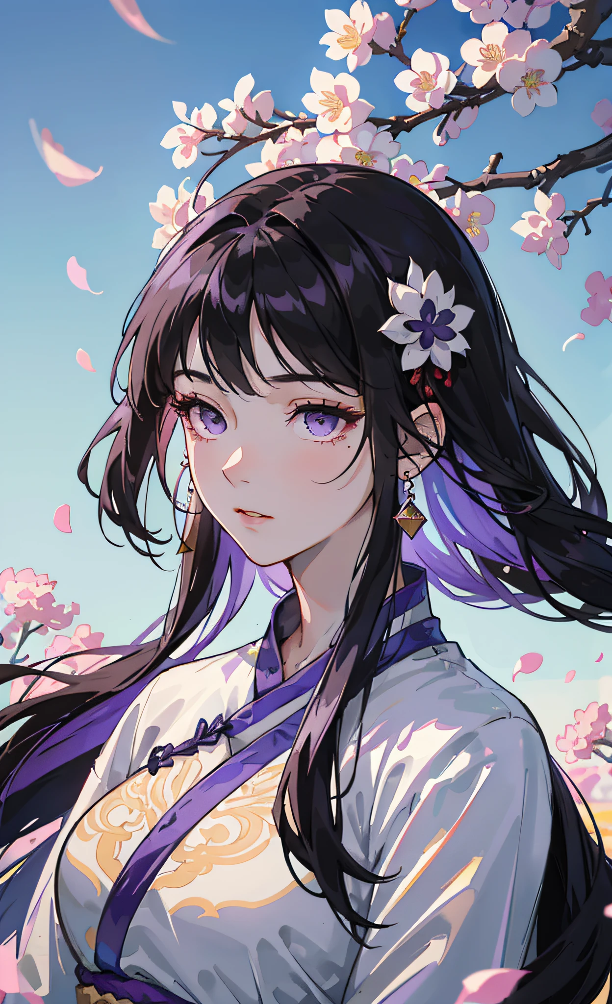 Gentle girl, purple eyes, black hair color, floating hair, delicate and flexible eyes, intricate damask hanfu, gorgeous accessories, wearing pearl earrings, FOV, f/1.8, masterpiece, ancient Chinese architecture, blue sky, flower petals flying, front portrait shot, Chang'e, side light, sunlight shining on people, 8K