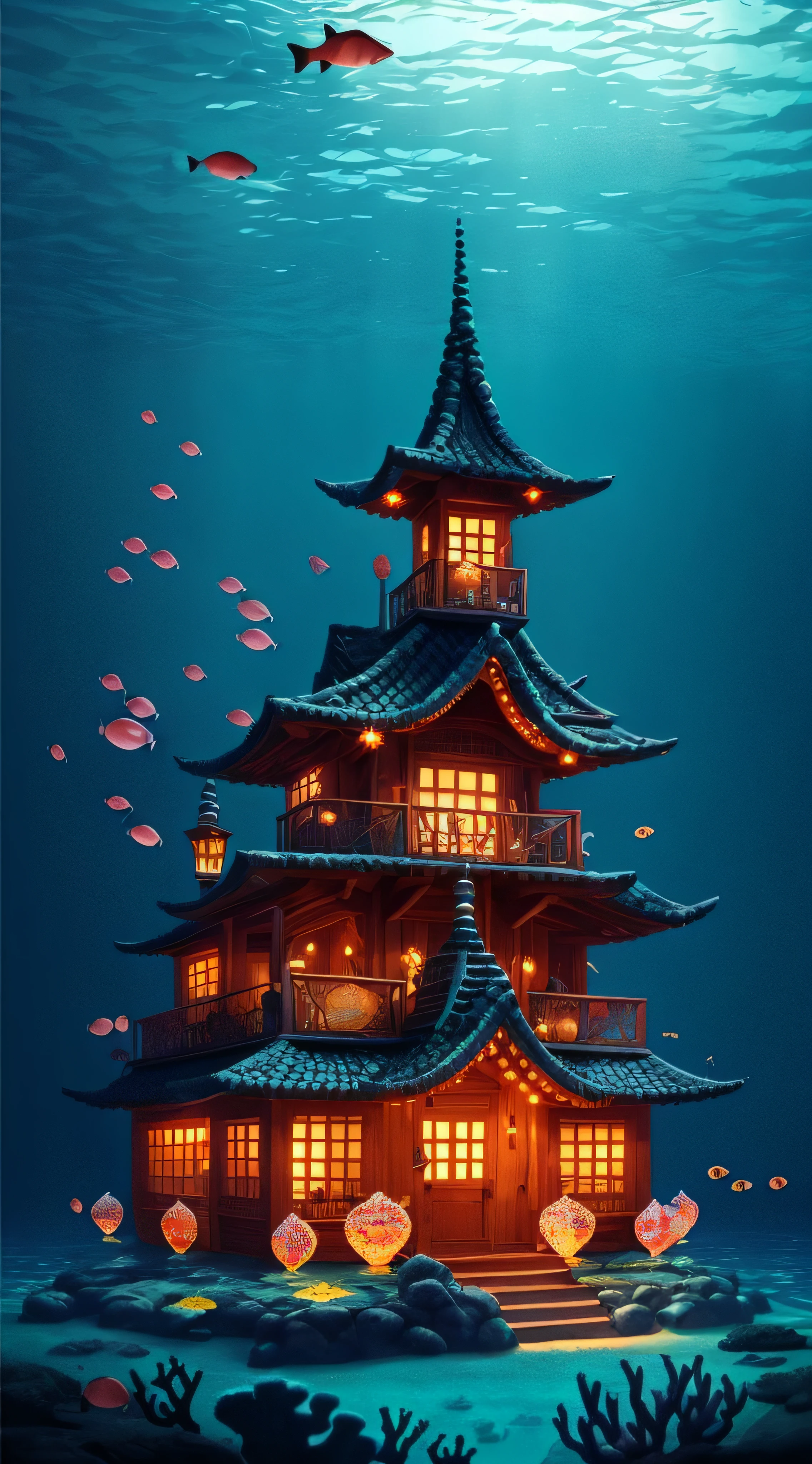 Underwater palace made out of crystal,  with blue lanterns, and blue torches, colorful coral around it, vibrant fish, dusk --auto