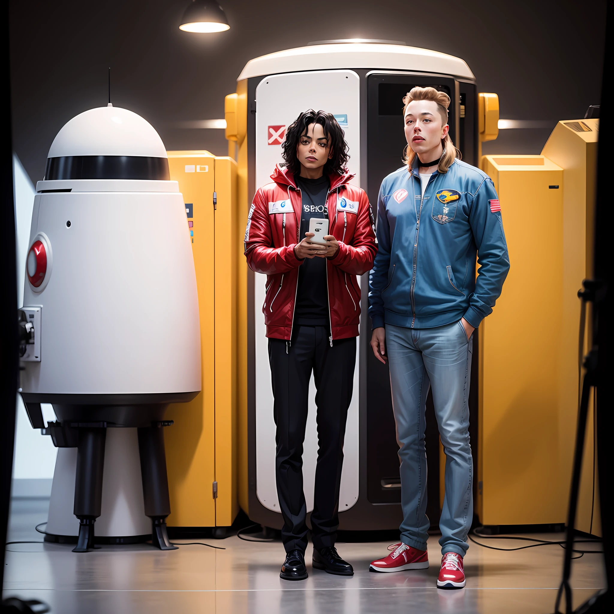 Michael jackson next to Elon Musk dressed in space trages, high quality, technological photo --auto