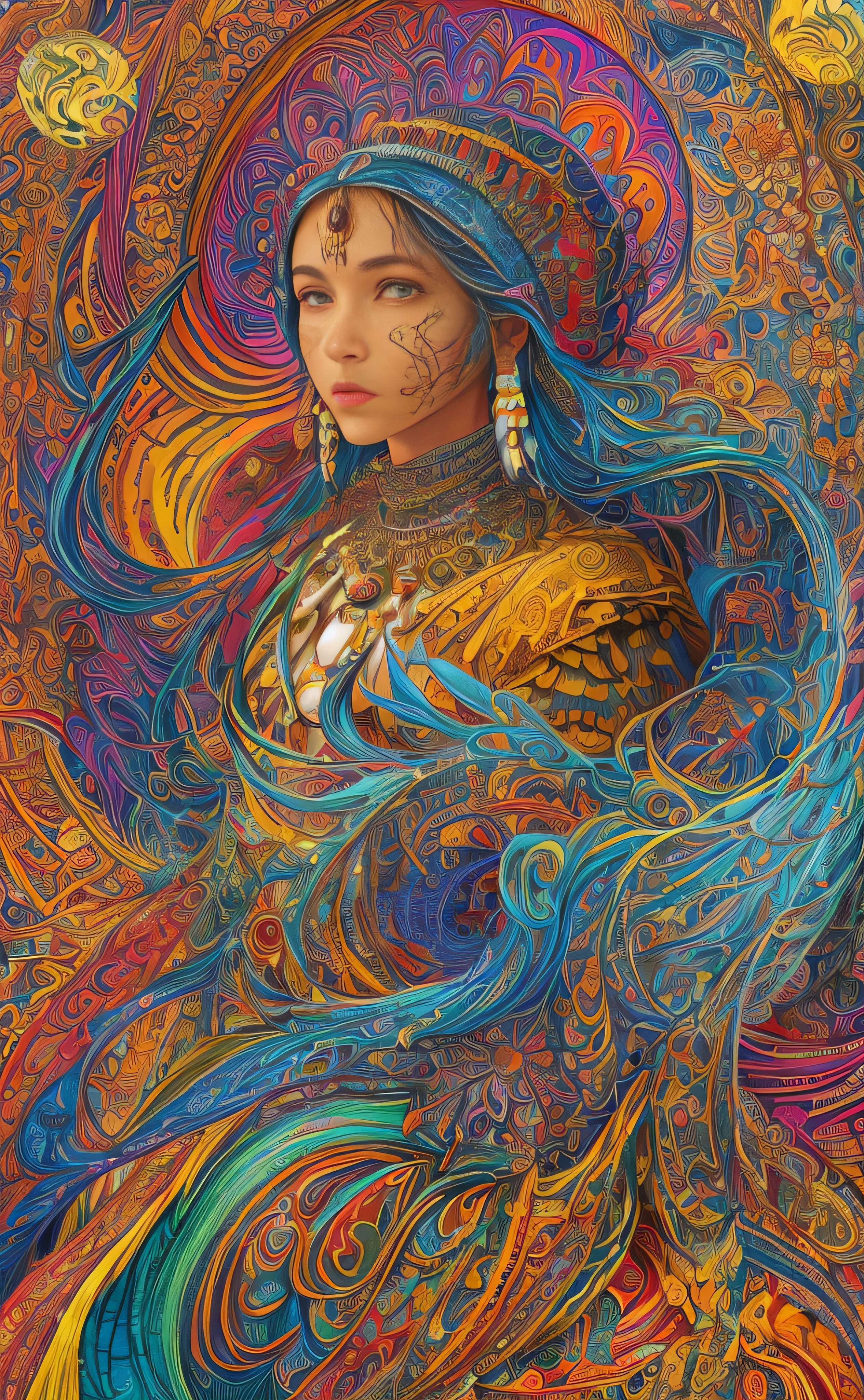 "Envision a mesmerizing scene: a majestic bridge stretching across a serene river, adorned with intricate fractal art patterns. In the background, a vibrant town comes to life, bustling with activity. Standing proudly on the bridge is an esteemed Native American chief, donning traditional attire with feathers and beads, embodying the rich cultural heritage. The artwork is infused with a psychedelic touch, reminiscent of the captivating style of Alex Grey. Let the illusion of this extraordinary composition captivate your imagination."