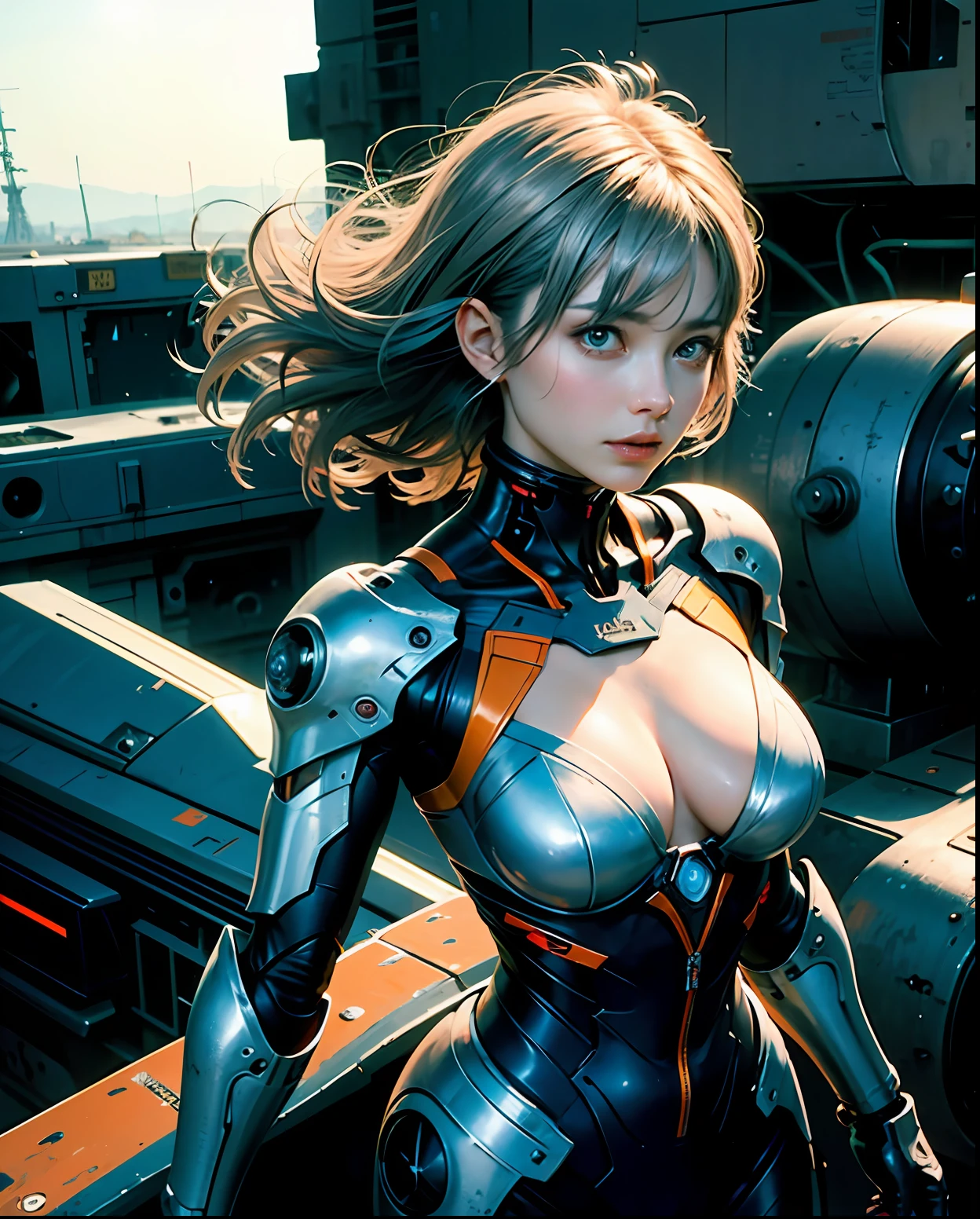 Silver hair, long fluttering hair, strong wind, orange eyes, shining eyes, evangelion girl, big, face and breasts are raw, cleavage is visible. Photorealistic, portfolio, Evangelion-style metal mech suit, cyborg soldier, large rifle, metallic, detailed mech parts, bunch of thin tubes, metal cylinder, detailed neon, fine LED,