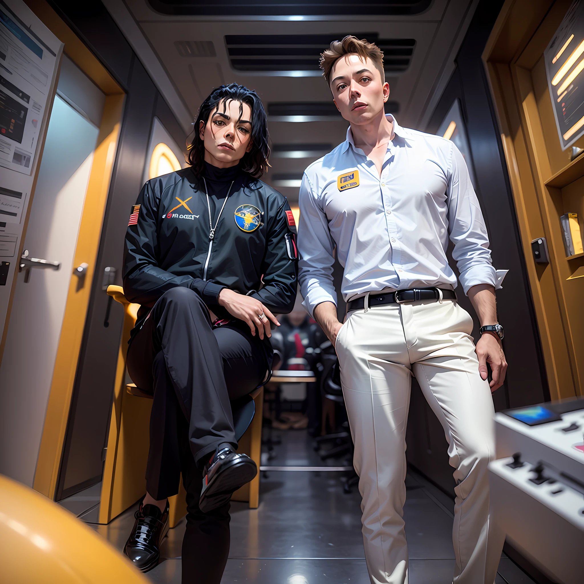 Michael jackson next to Elon Musk dressed in space trages, high quality, technological photo --auto