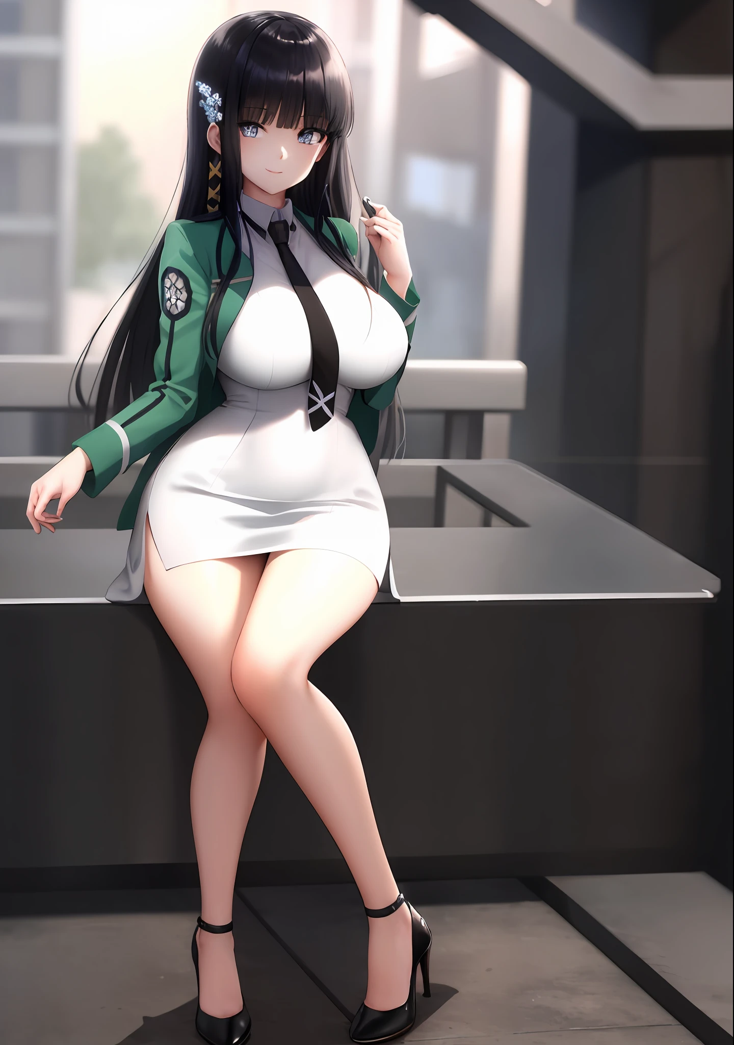 masterpiece, ultra-detailed, beautiful detailed eyes, extremely detailed eyes and face, cowboy shot, best quality, forest, day, sky, cloud, full body, 1girl, ShibaMiyuki, hair ornament, school uniform, black necktie, white dress, green jacket, long sleeves, open jacket, high heels, Very Large Breasts, sitting, lifted by , looking at viewer, smiling, seductive smile,