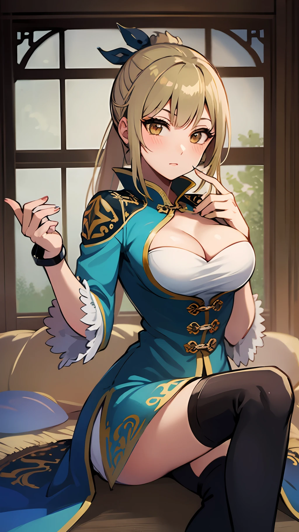 best quality, (masterpiece:1.2), illustration, absurdres,
(1girl, solo), (beautiful detailed girl), (cute:0.4), 
Wang Yuanji, blonde hair, ponytail, brown eyes, large breasts, 
aqua dress, ornate dress, cleavage, aqua skirt, black thigh boots, thighhigh boots, high heels,
blush, looking at viewer, 
(chinese architecture background), 
sitting, cowboy shot, full body,