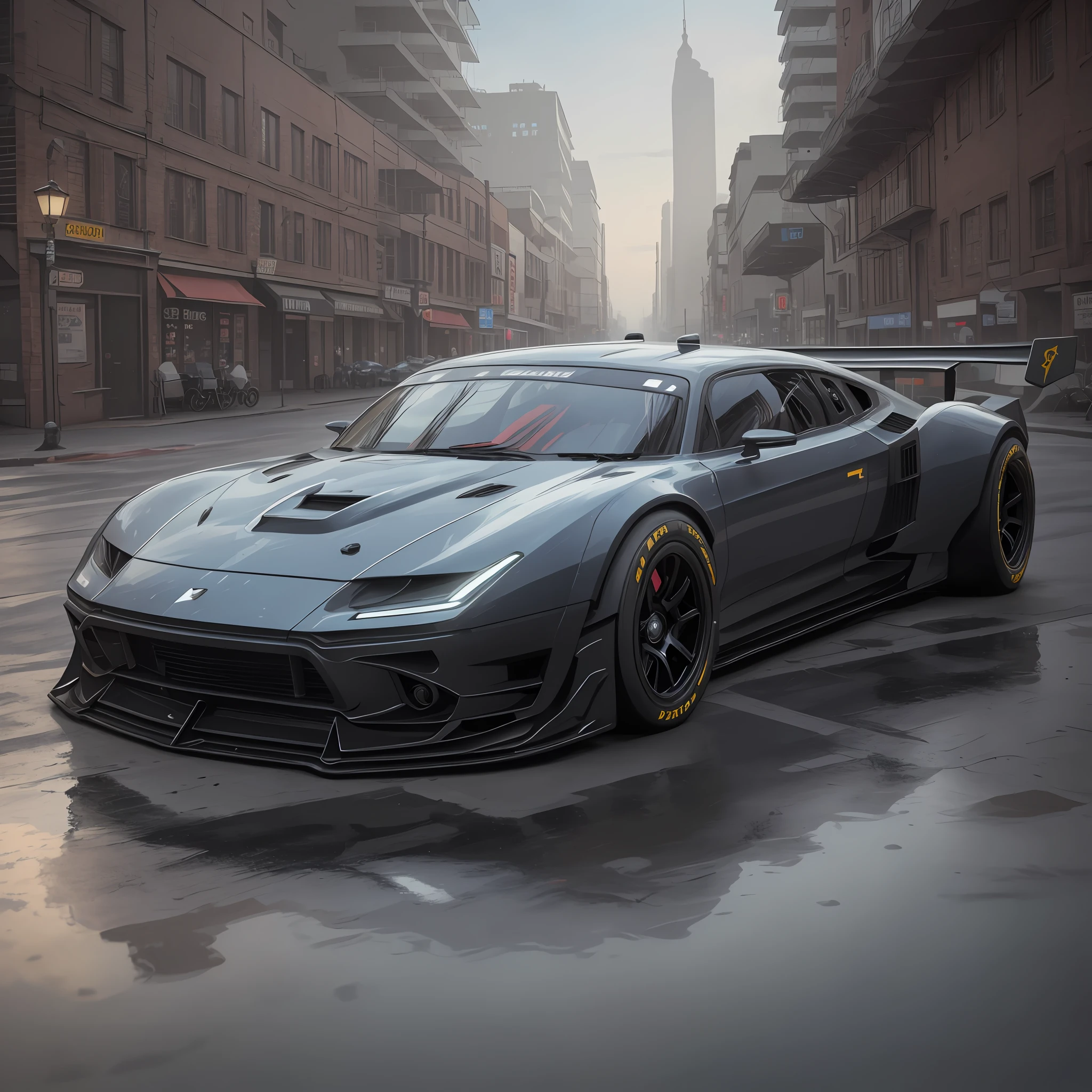(futuristic racing car prototype)) ((Realistic lighting, better quality, 8K, masterpiece:1.3)) Focus:1.2,Sculpted abs:1.1, (exterior, waterfront:1.1), City Street,