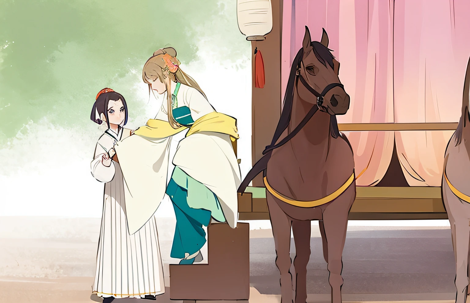 anime characters are riding horses in a scene with a woman, palace , a girl in hanfu, wearing ancient chinese clothes, hanfu, shuushuu anime image, from sengoku period, with horse driven, by Li Fangying, inspired by Zhao Yuan, inspired by Lü Ji, illustration!, ancient chinese beauties, by Shitao