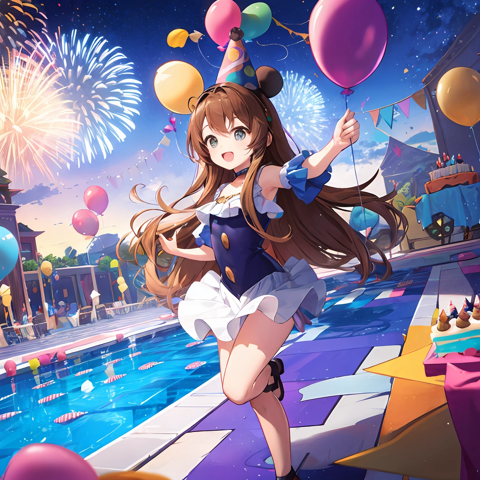 A Disney cartoon-style pool, decked out for a party but without people, children's party, birthday cake, decorative balloons, fireworks