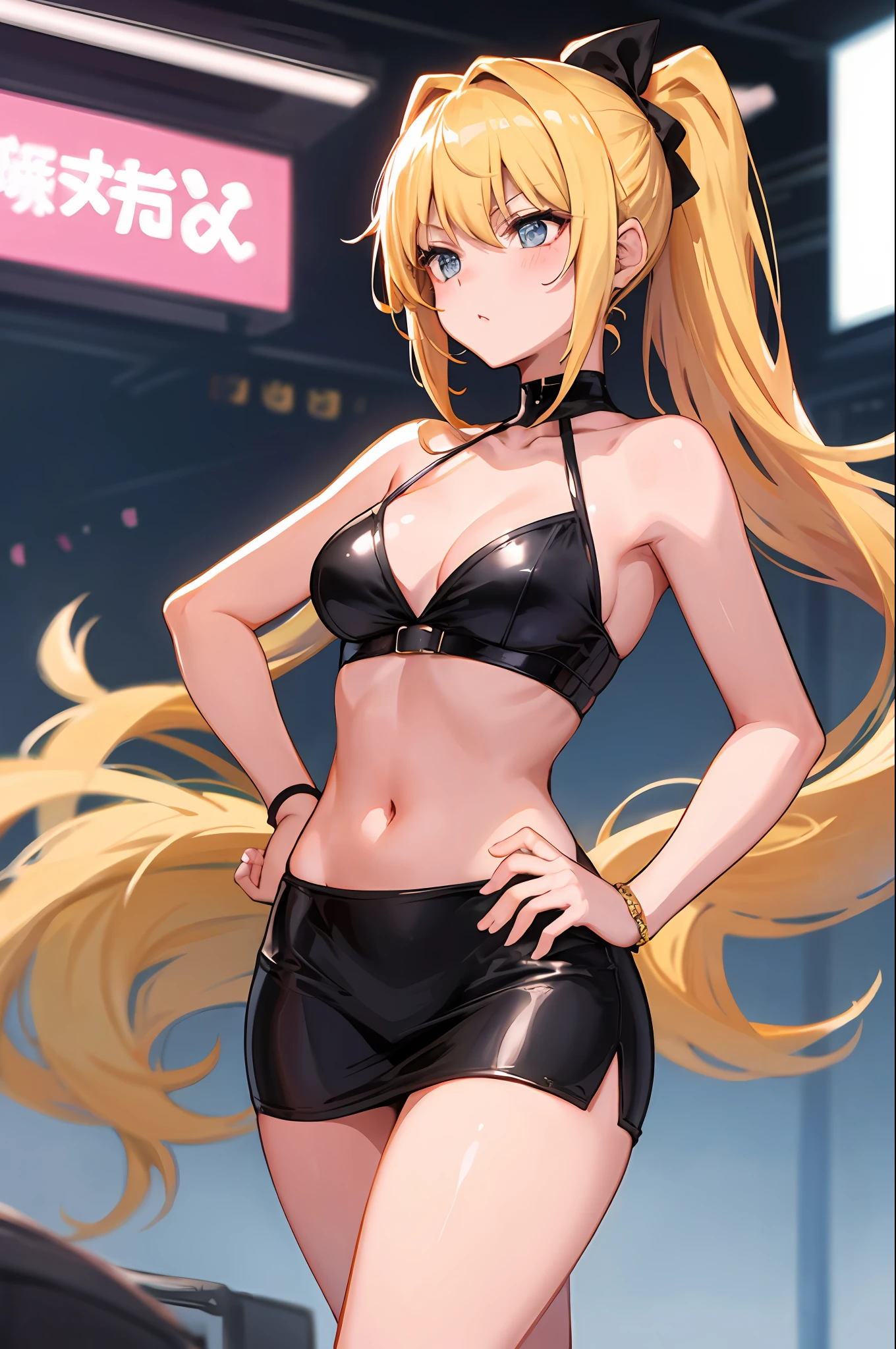Blonde double ponytail, tsundere, black silk
