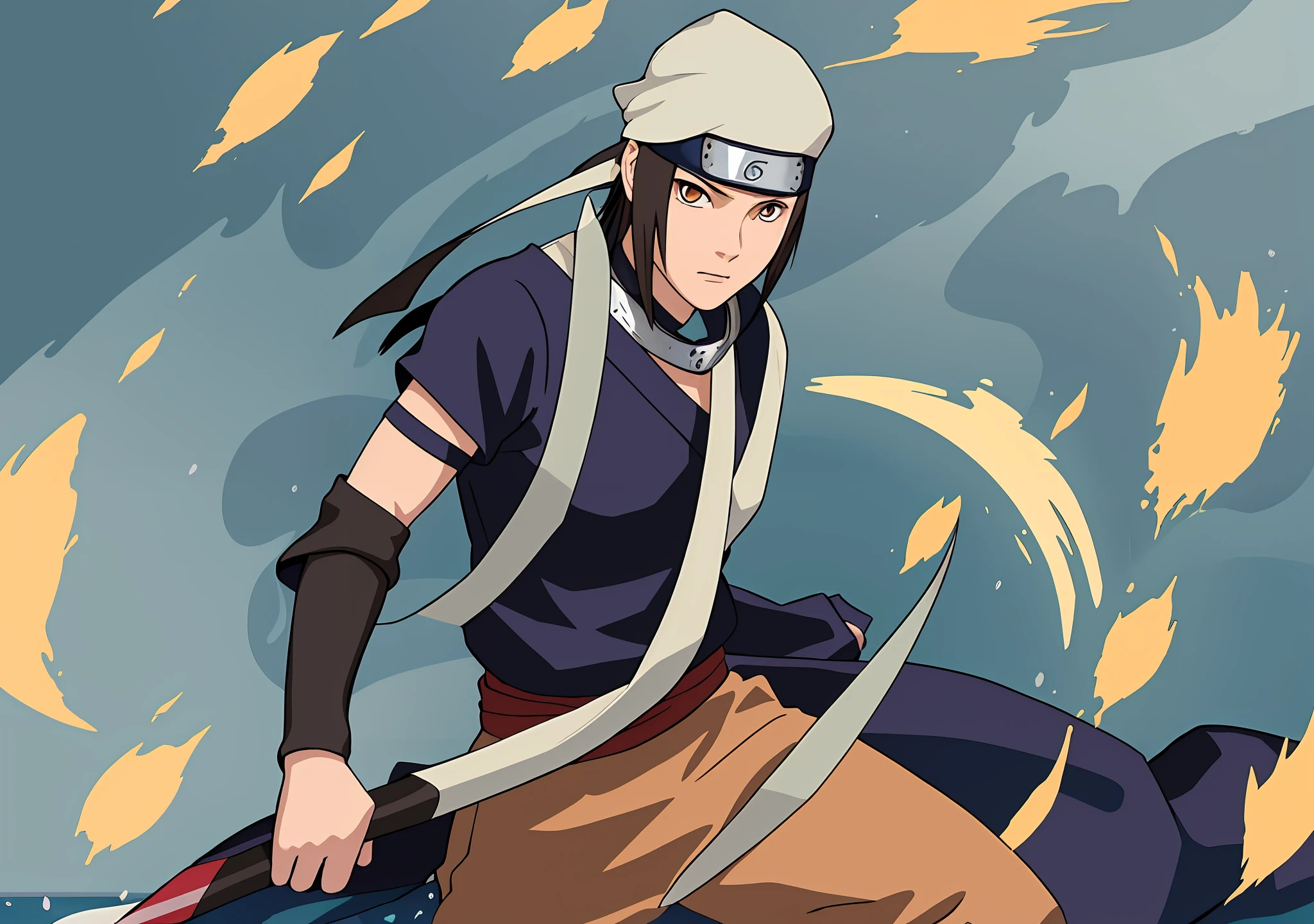 High quality, masterpiece, anime style, Naruto animation, brown woman, golden eyes, Kirigakure ninja bandana scratched in half on the neck, clothes as already pictured, left arm making a seal of Ninjutsu, right arm stretched out with the elbow bent down, power in the right hand in the shape of a shark, on the woman's back the staff of the blue background Yagura (Naruto) like a dark ocean, a look at the sea the eyes of the Sanbi the Three Tails, Shadows and Lights, Reflections, female body, large breasts, sexy, bluish hair