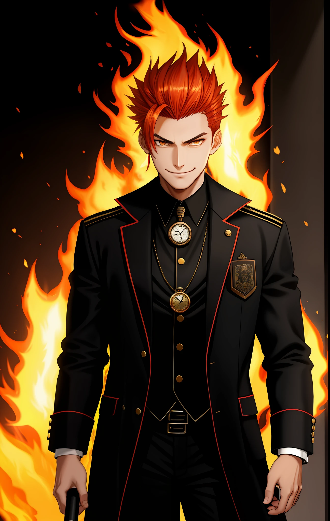 Young man wearing social vest, pocket watch, fire hair, with flames around, security a cane, aura of fire, smiling, evil look