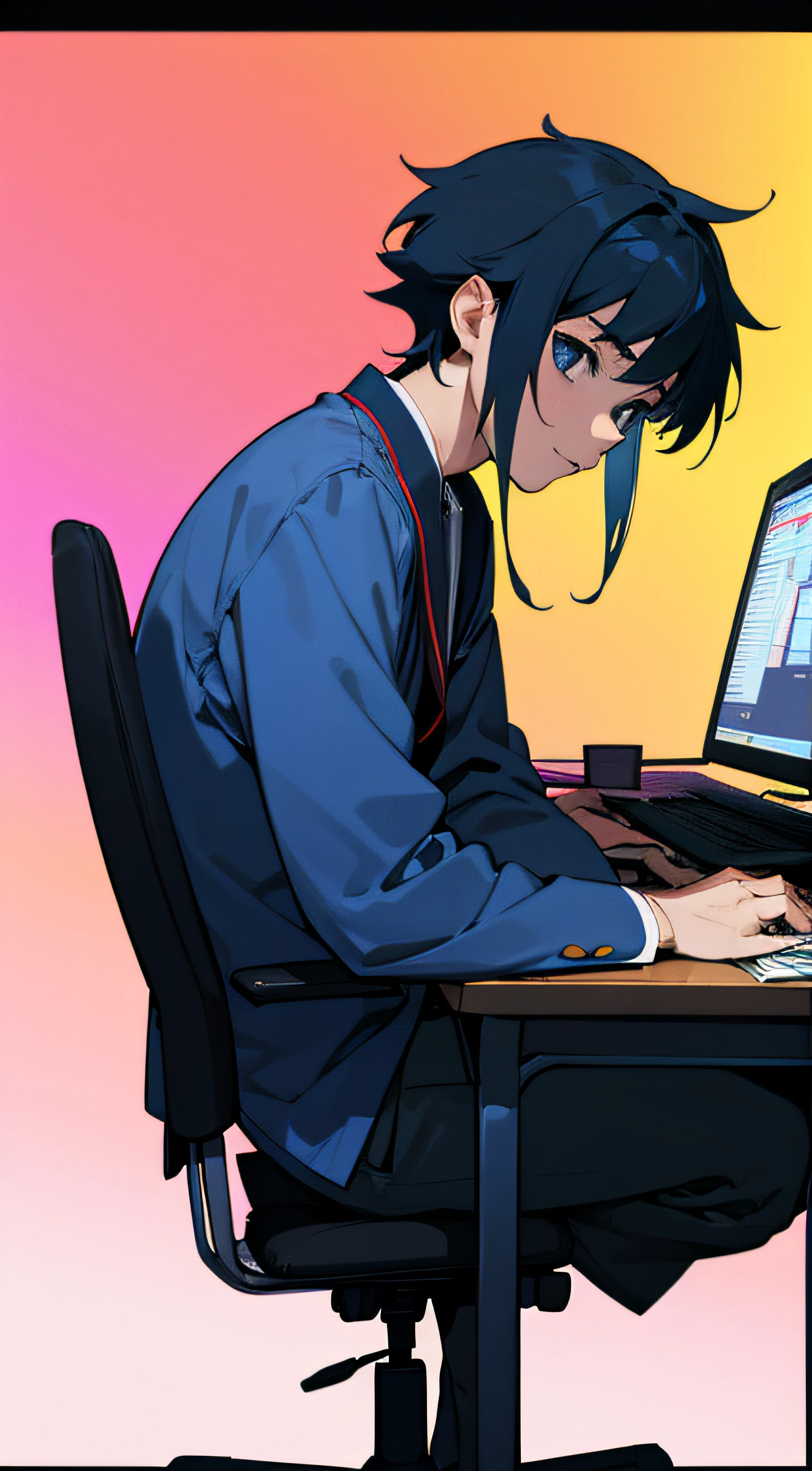 anime guy sitting at a desk with a laptop and a monitor, anime style 4 k, 4k anime wallpaper, badass anime 8 k, 4 k manga wallpaper, young anime man, anime boy, anime wallpaper 4 k, anime wallpaper 4k, high quality anime artstyle, anime moe artstyle, anime art wallpaper 8 k, anime art wallpaper 4 k, RGB lighting,